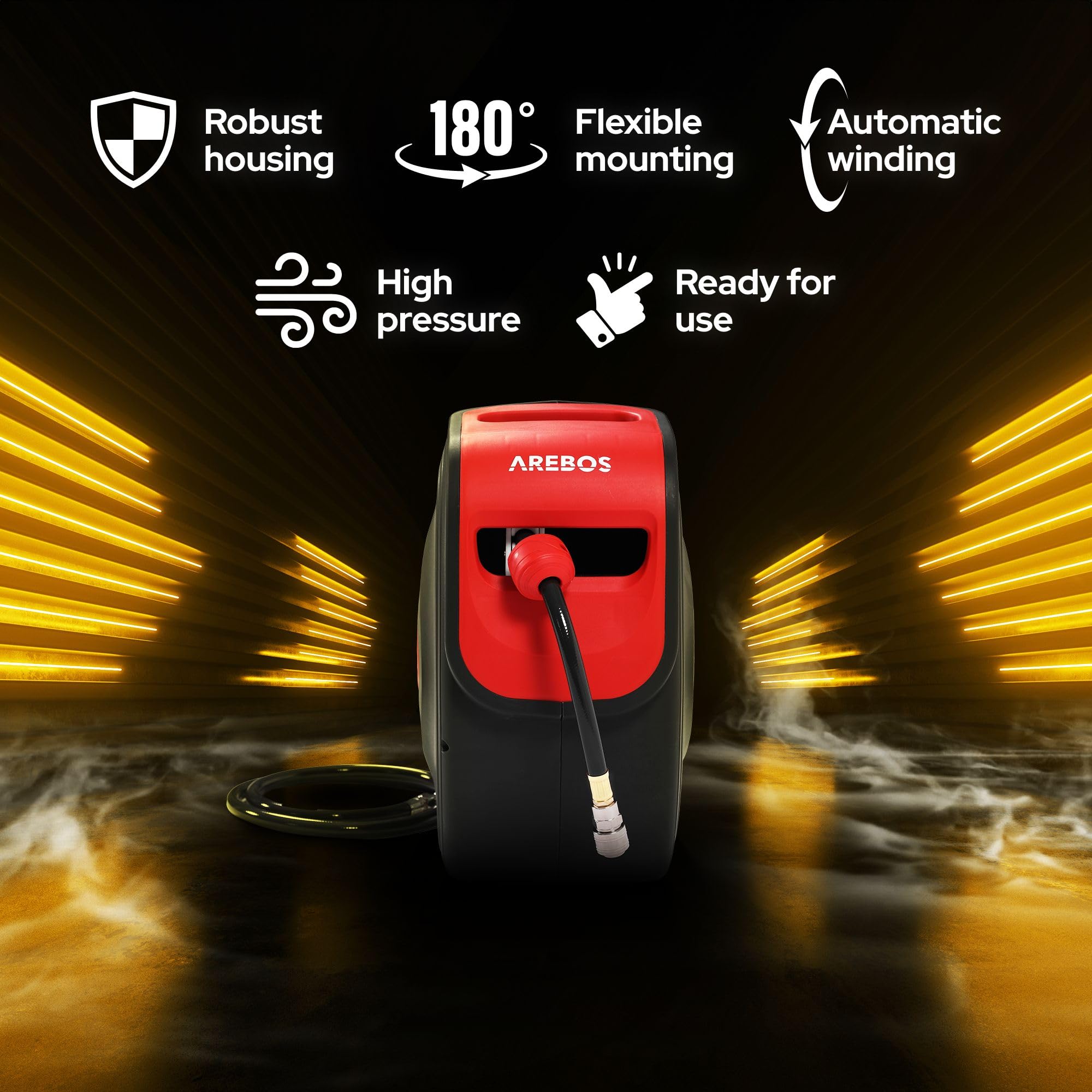 Arebos Enrollador de manguera de aire comprimido, manguera automática, soporte de pared, acoplamiento rápido de 1/4 pulgadas, resistente a los rayos UV, giratorio 180°, incluye soporte de montaje, 30