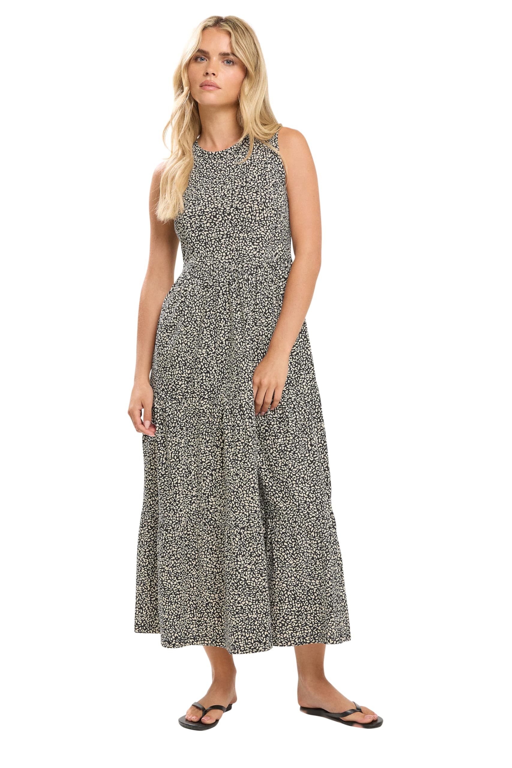 M&Co Women's Black Petite Animal Print Cotton Sleeveless Tiered Maxi Dress