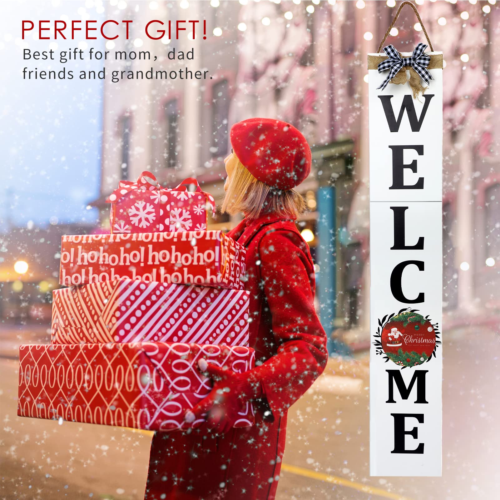 ECOGREDA Welcome Sign for Front Porch– 47inch with 12 Wooden Interchangeable Vertical Home Wall Decor(6 double sided disks), Standing and Hanging Farmhouse Outdoor Indoor Decor Welcome Door Sign for Fall Harvest Halloween Christmas(white)