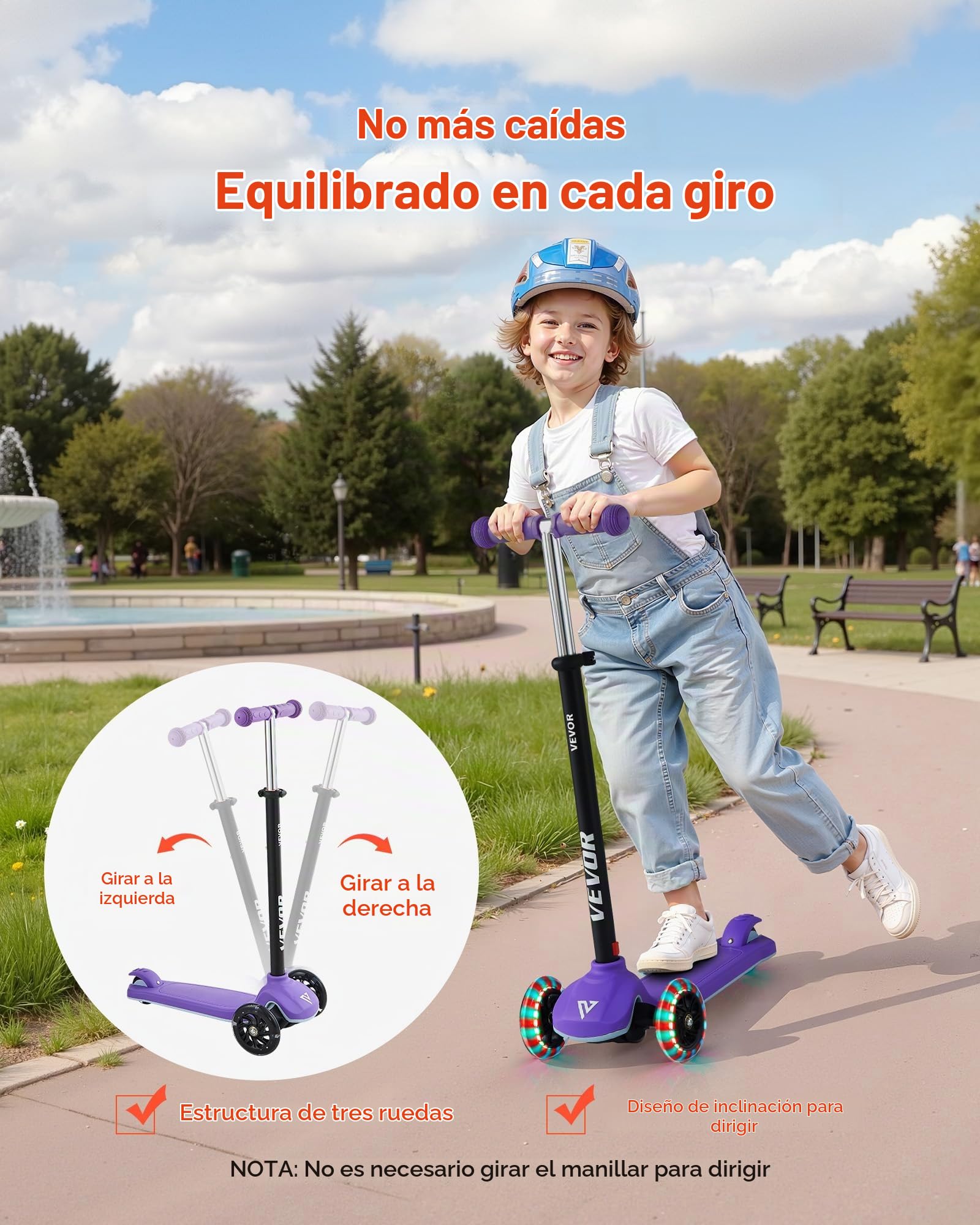 VEVOR Patinete 3 Ruedas, para Niños de 3 Años en Adelante, Ruedas Iluminadas, Manillar de Altura Ajustable, Base Antideslizante y Cuadro de Aluminio Ligero, hasta 75 kg, Morado, 520 x 250 x 800 mm