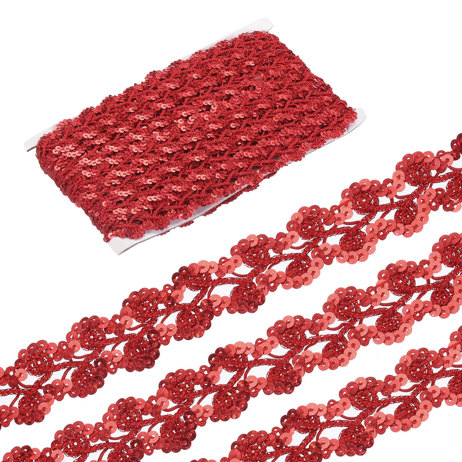 MECCANIXITY 15 Yard Sequins Beaded Lace Trim 1.1 Inch Wave Sequin Braid Trim Strip Paillette Sequins Ribbon Trim for Crafts, Embellishments, DIY Sewing Costume Red