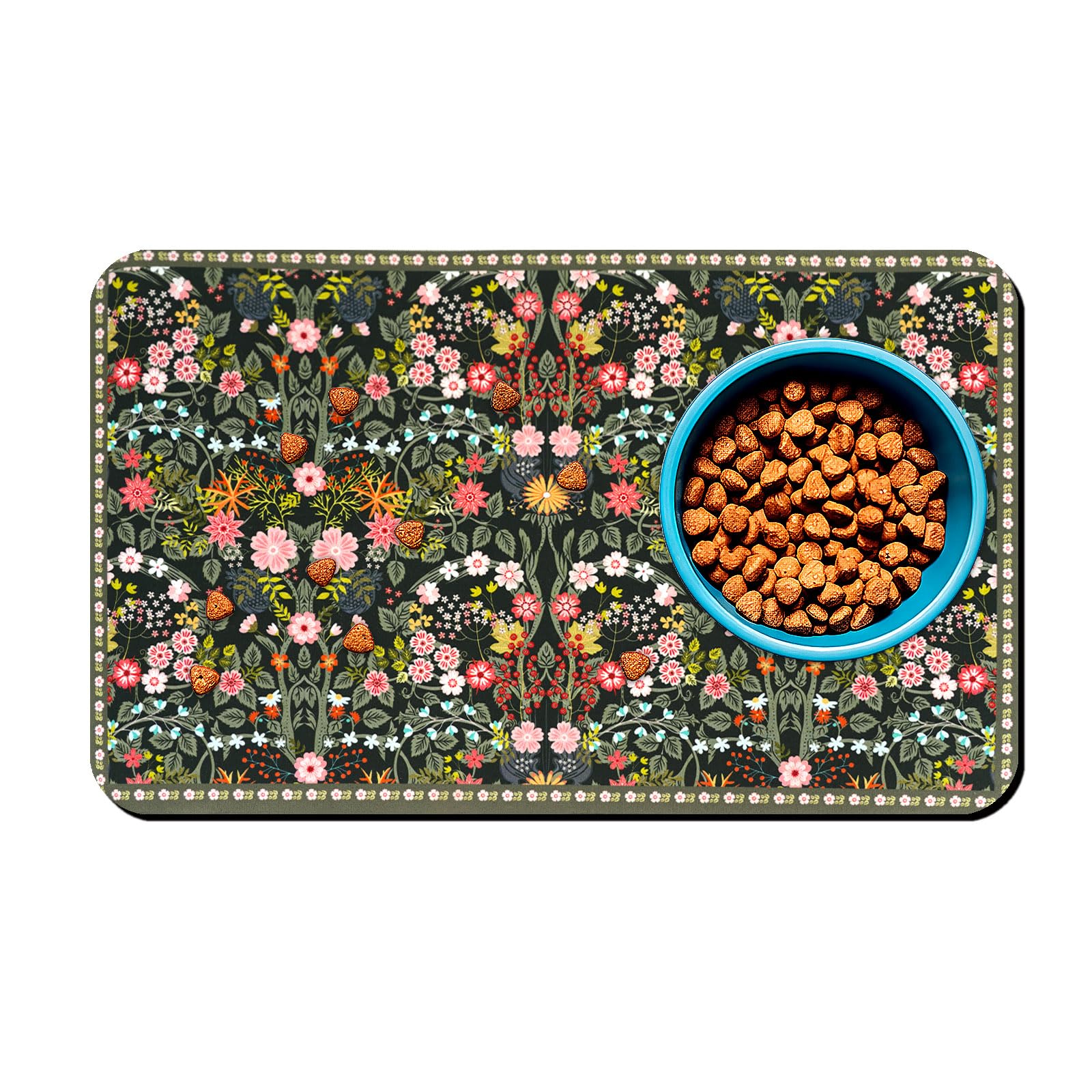 Tappetino per cibo per cani per pavimenti vintage boho floreale impermeabile per cibo per gatti e ciotole d'acqua – verde scuro assorbente ad asciugatura rapida antiscivolo tappetino per