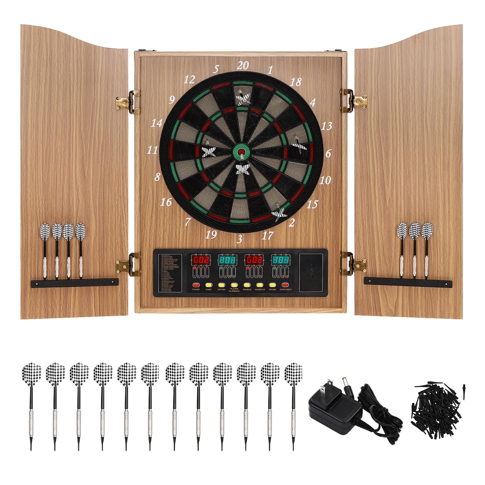 Electronic Dart Board LED Electric Digital Scoreboard Dart Boards for Adults with MDF Cabinet, up to 16 Players, 27 Games,243 Variations - 12 Soft Tip Darts & 88 Replacement tips - Great for Game Room