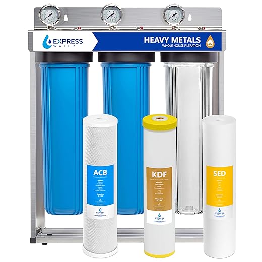 Express Water Heavy Metal Whole House Water Filter – 3 Stage Whole House Water Filtration System – Sediment, KDF, Carbon Filters – Includes Pressure Gauges, Easy Release, and 1” Inch Connections