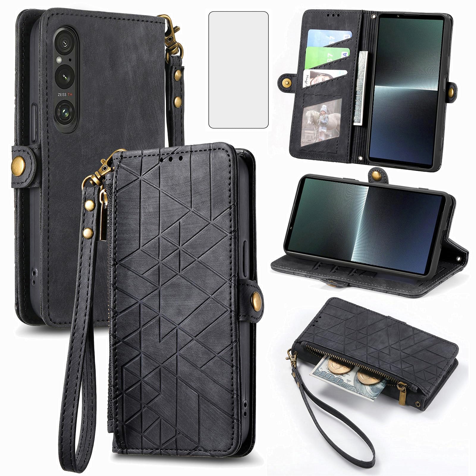 Phone Case for Sony Xperia 1 V 2023 Wallet Cover with Tempered Glass Screen Protector and Wrist Strap Leather Flip Zipper Credit Card Holder Stand Cell Accessories Slim 1V 5G Women Men Black