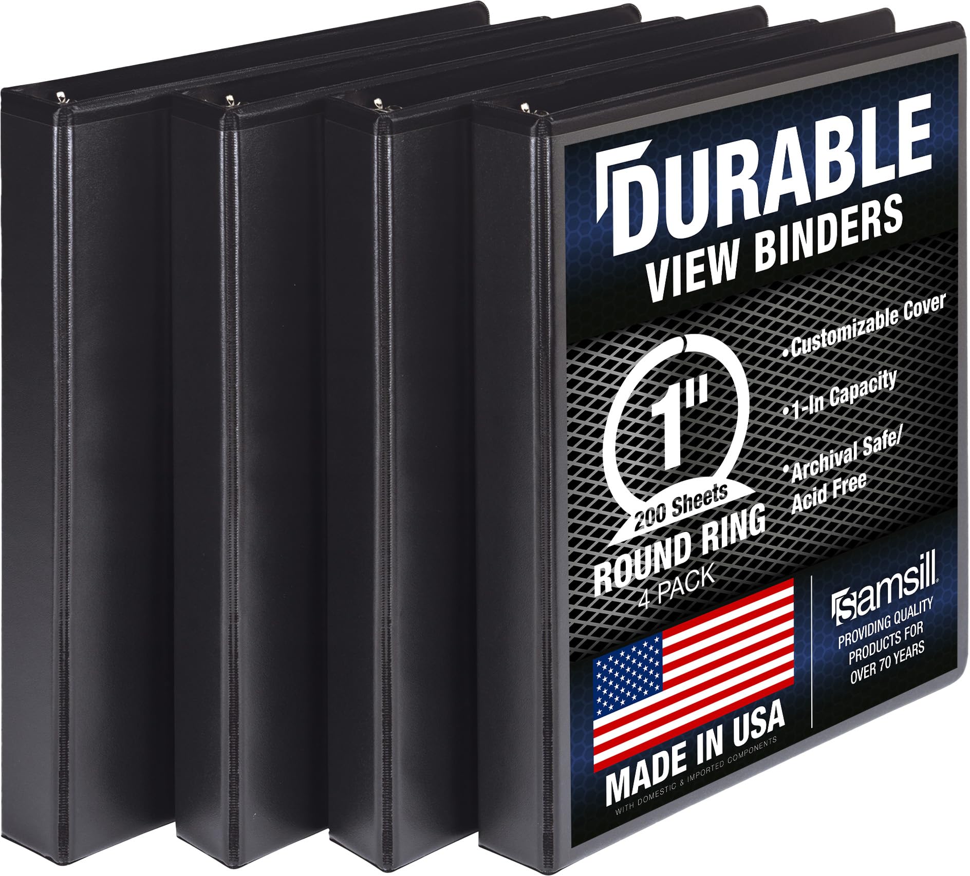Samsill Durable 1 Inch Binder, Made in The USA, Round Ring Customizable Clear View Binder, Black, 4 Pack (MP48430) โ image 1