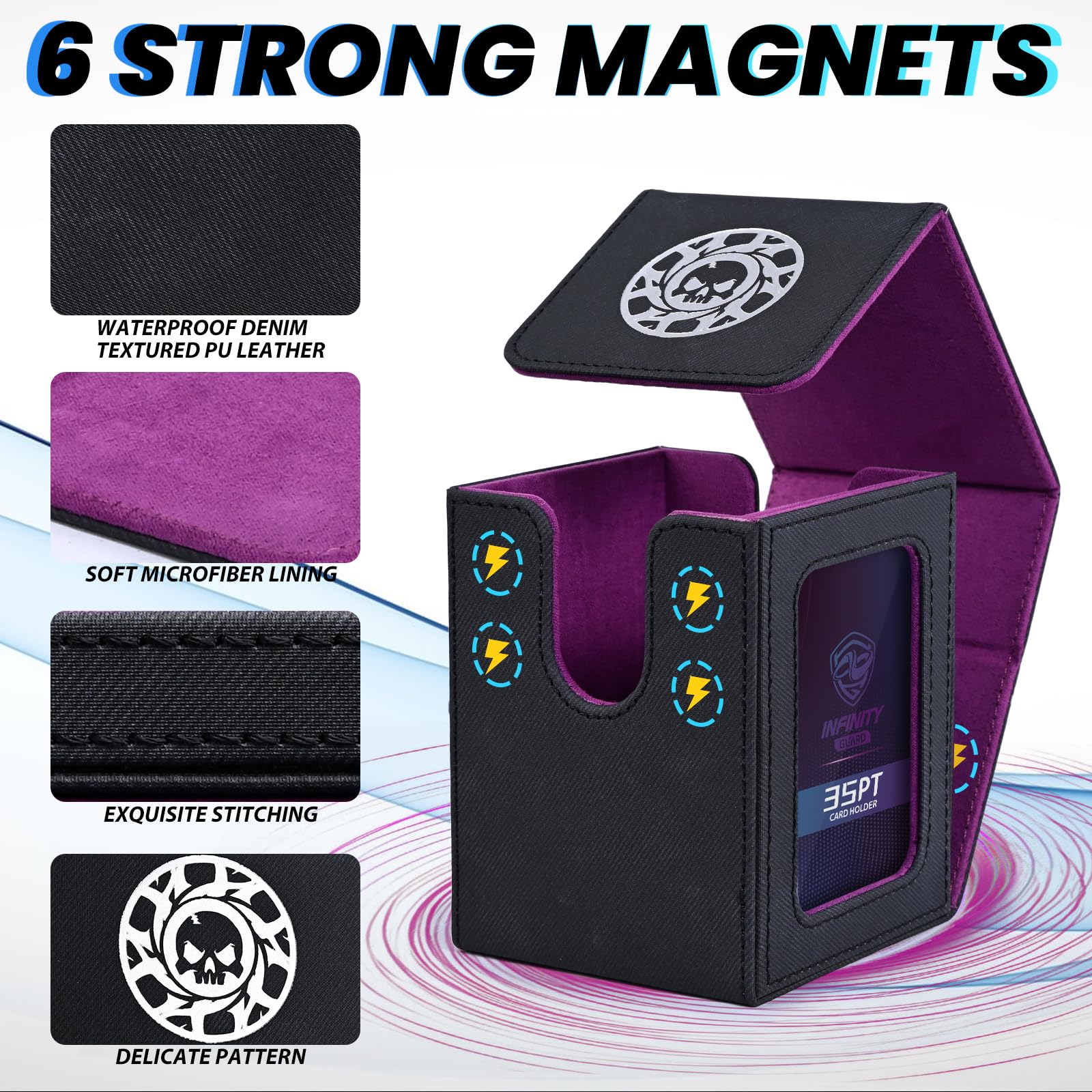 Marsguard MTG Deck Box with 2 card dividers, holds over 100+ single-sleeved cards, PU leather case for TCG(Black) (Black&Purple, 120+) - Image 4