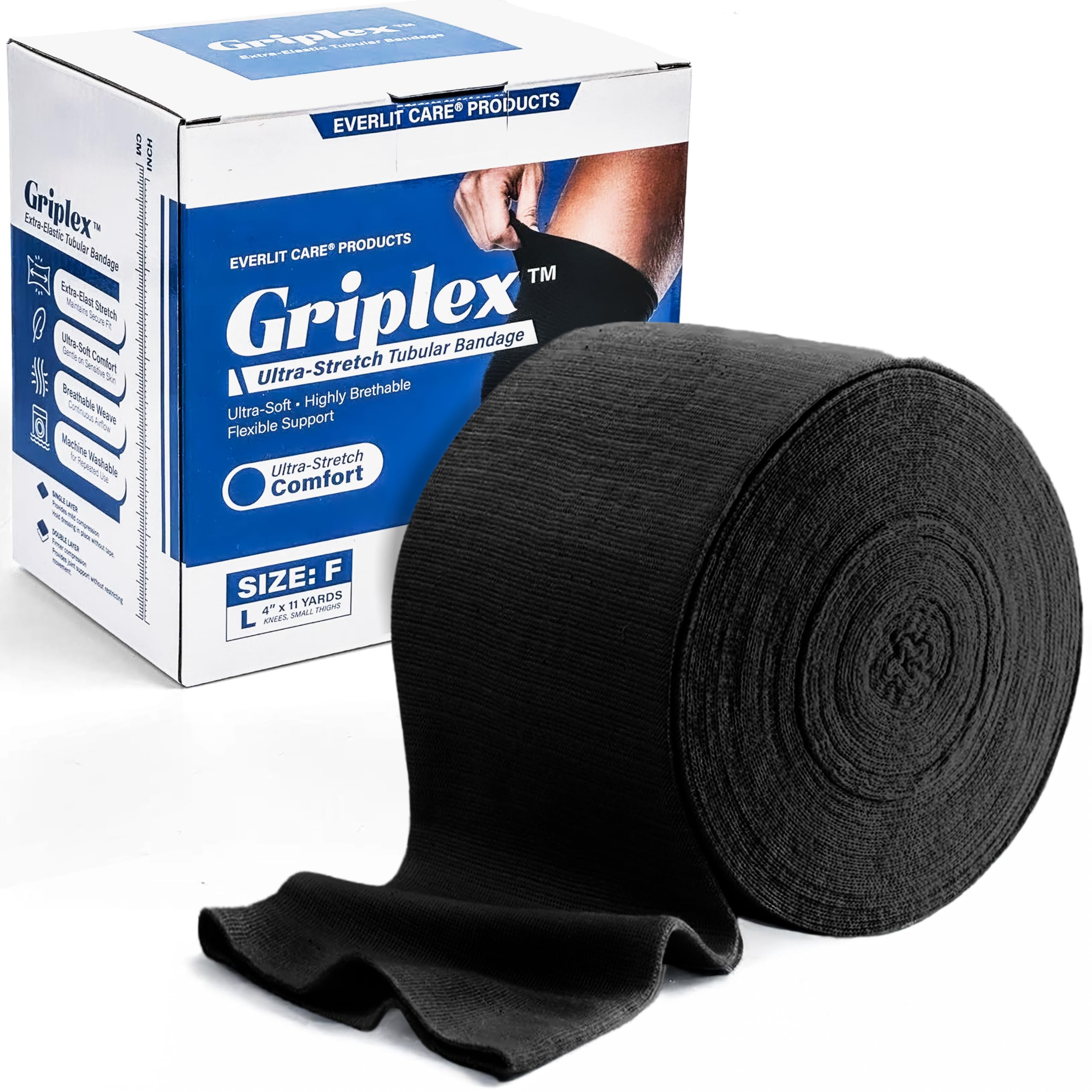 Everlit Care Griplex Black Tubular Compression Bandage – Breathable Elastic Support Wrap for Wrist, Arm, Elbow, Leg, Knee, Calf & Ankle | Sports Injury Recovery & Tissue Support for Sprains, Swelling, Lightweight Seamless Tube Bandage (F | 4" x 11yd)