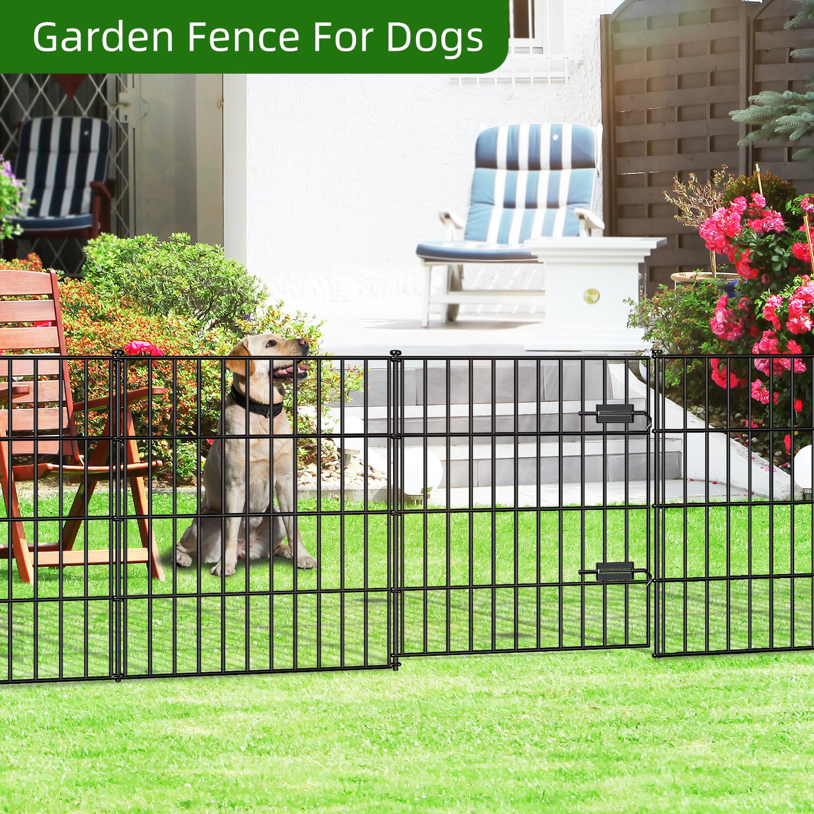 Metall-Gartenzaun Mit Tor – 84,6 Cm Hoch, 7,1 M Lang, 1 Tor + 9 Paneele | Kein Graben Nötig, Für Hunde & Beete