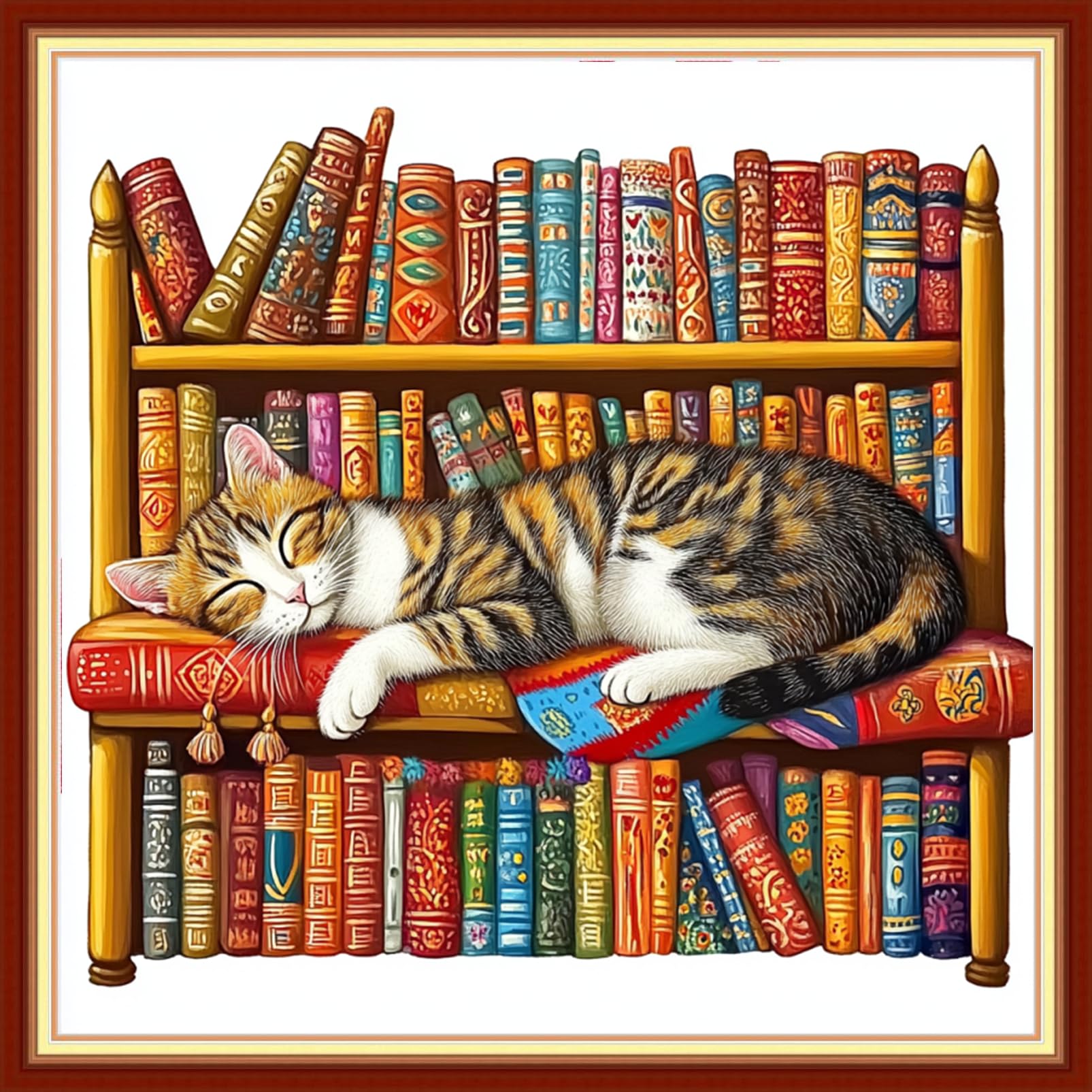 Foxhool Beginners Cross Stitch Kits Stamped Full Range of Embroidery Kits for Adults DIY Cross Stitches kit Embroidery Patterns for Needlepoint kit-Lazy cat Sleeping on the Bookshelf 18x18 inch