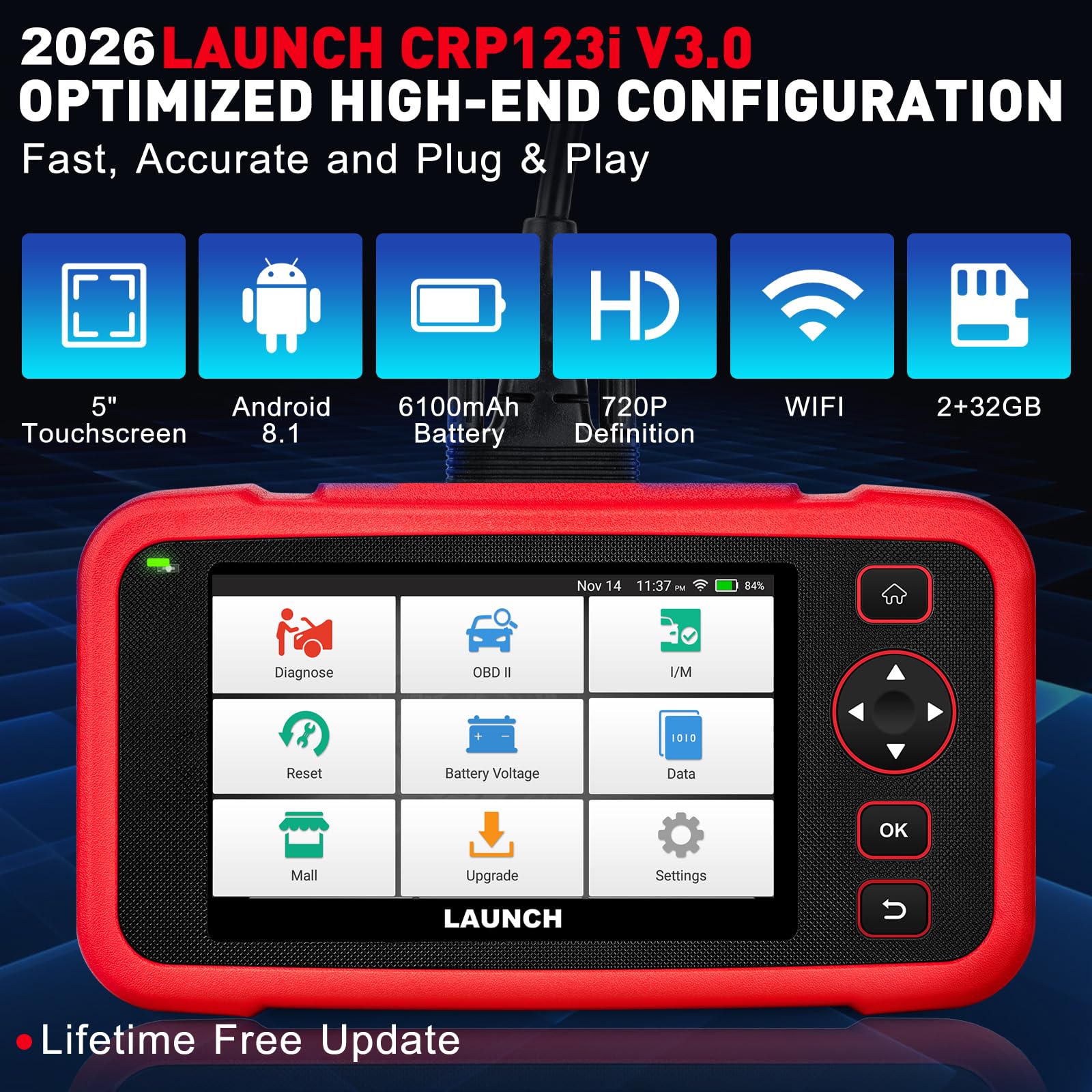 OBD2 Diagnosegerät Auto LAUNCH CRP123i V3,OBD-Diagnosegerät 4 Systeme Diagnose KFZ Codeleser Scanner, 7+ Reset Öl/Brake/SAS/ABS/DPF/BMS/ETS,Bildschirmtastatur&Tastenbedienung