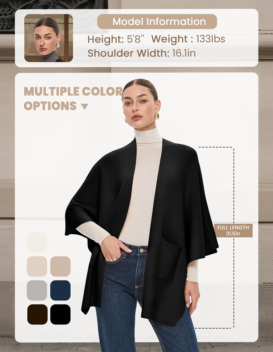 PULI Womens Open Front Shawl Wraps with Pockets Oversized Casual Knit Travel Shawls for Fall and Winter