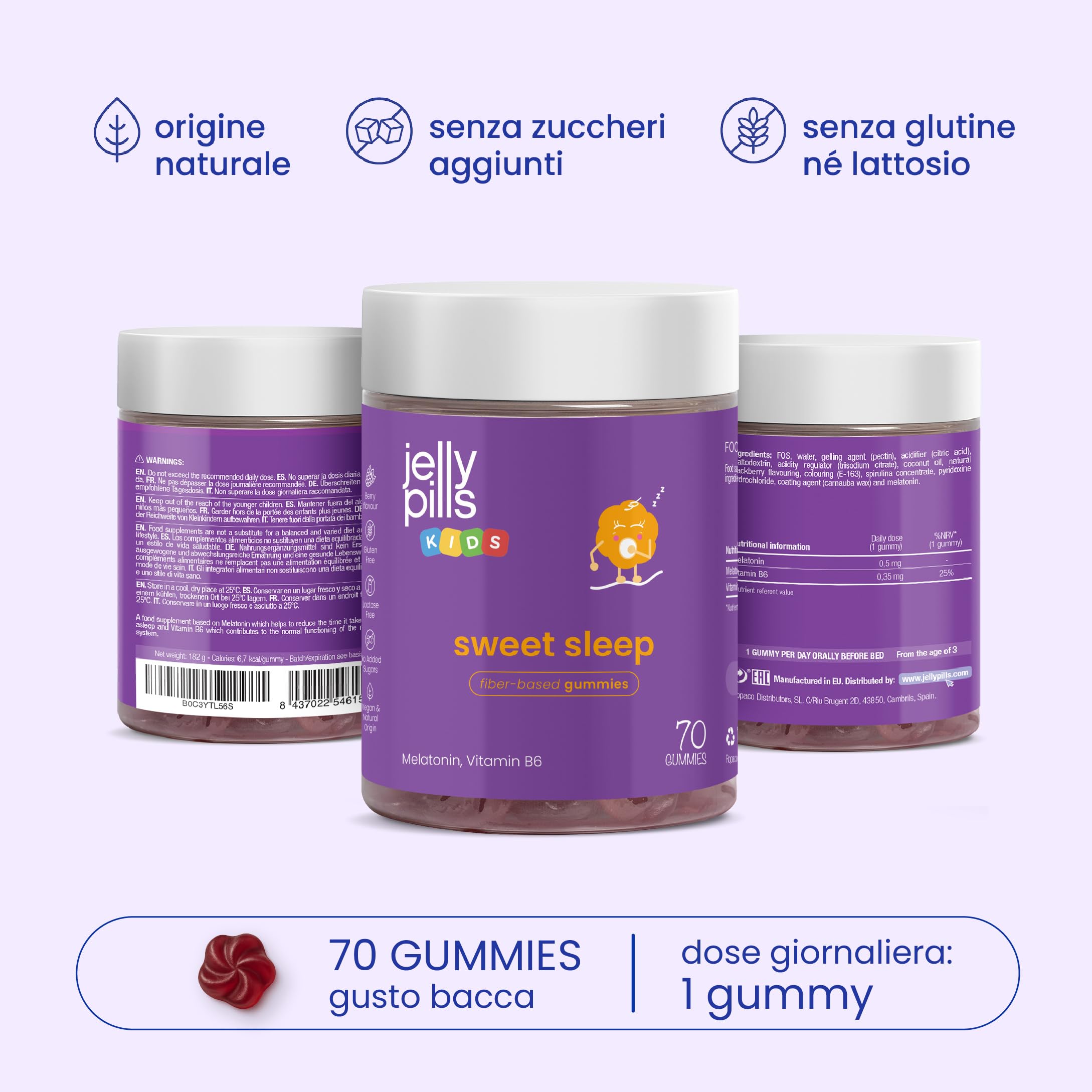 Jelly Pills Gummies Melatonina Bambini 0,5 mg + Vitamina B6-70 Gummies Vegane per 2 mesi - Senza Zuccheri Aggiunti - Gusto Frutti di Bosco Naturale