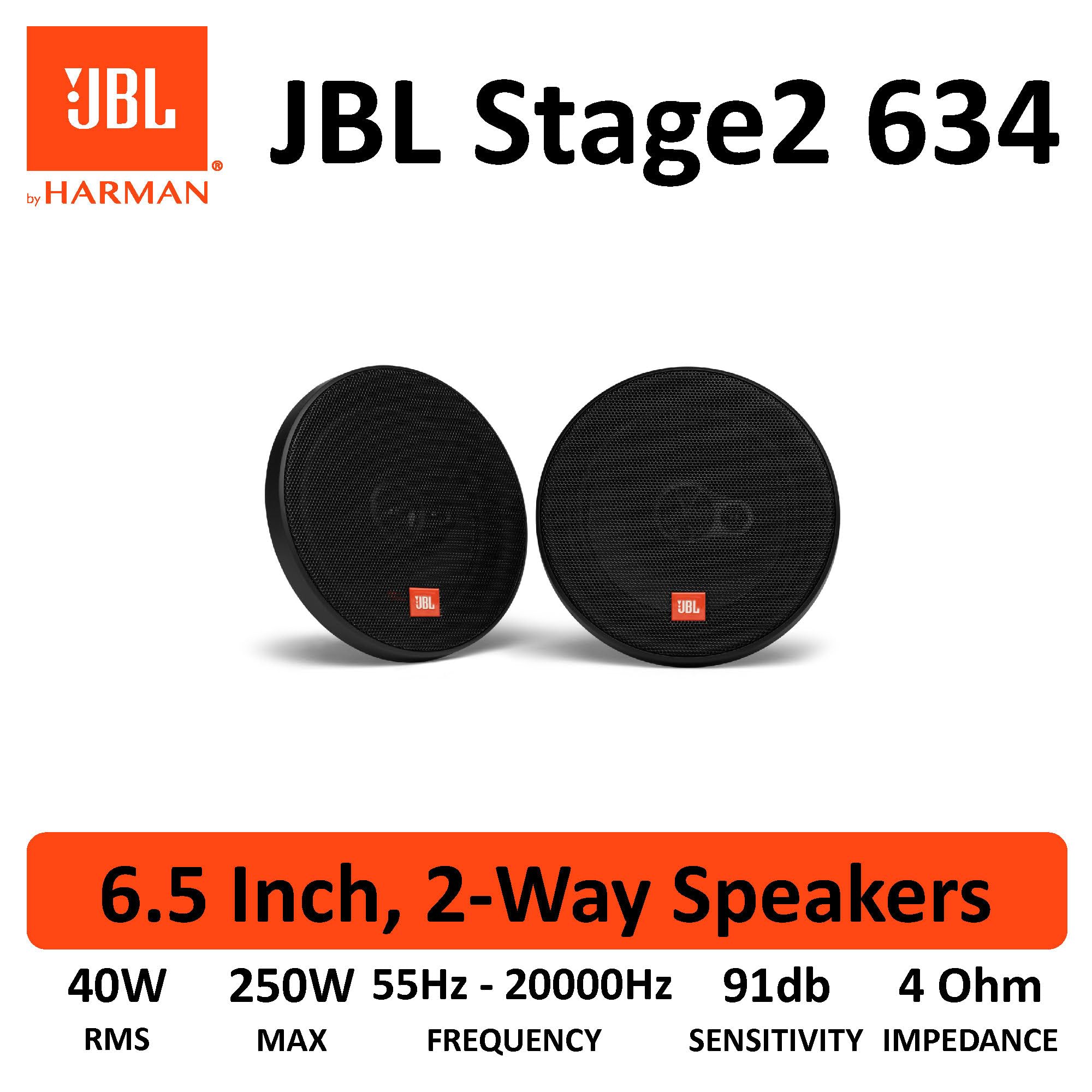 JBL Stage2 634 Juego de Altavoces Coche de 3 vías de Harman Kardon - Echo Auto de 250 vatios 16,5cm | 165mm | 6,5" Pulgadas