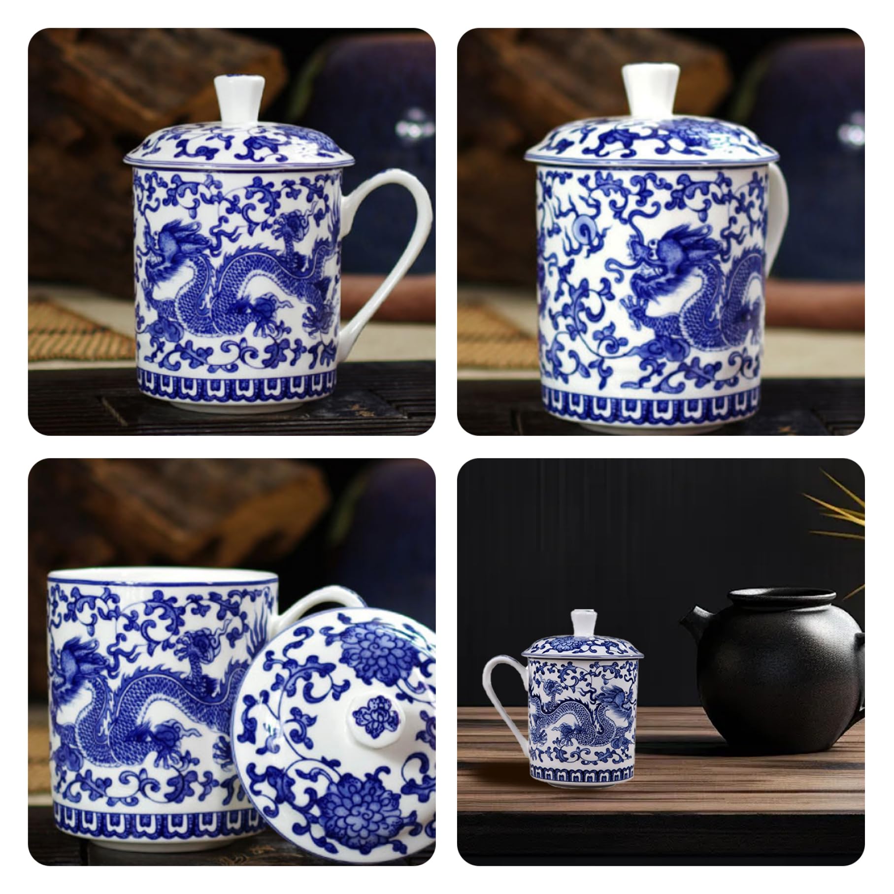 Tazza da tè in Ceramica Blu e Bianca di capacità da 500 ml con Coperchio e Manico, Tazze da tè Cinesi per Foglie sfuse, Ufficio a casa