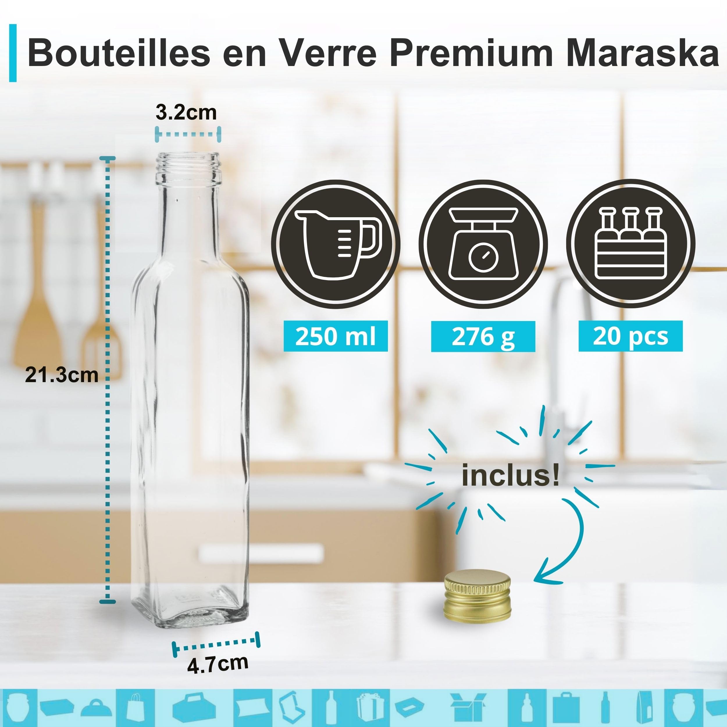 Espirito Rebelde Lot de 20 bouteilles carrées 250 ml avec couvercles Bouteilles d'huile et de vinaigre