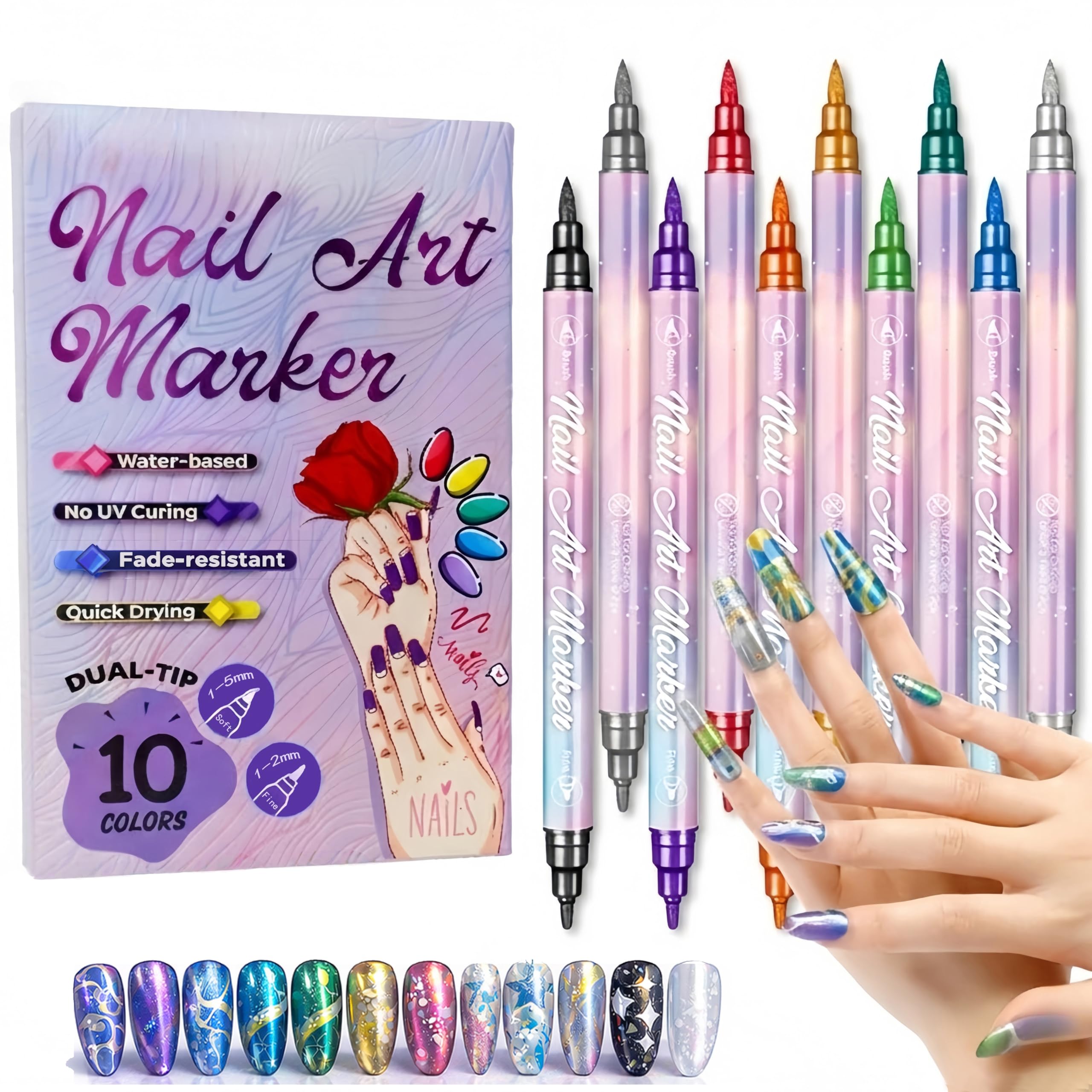 10 Metallic Colors Nail Art Pens Set - Professional Nail Art Markers for 3D DIY Design, Quick Dry Nail Polish Pens for Painting, Dotting & Fine Liner - Dual Tip (Fine & Brush) Nail Tools for Adults & Beginners
