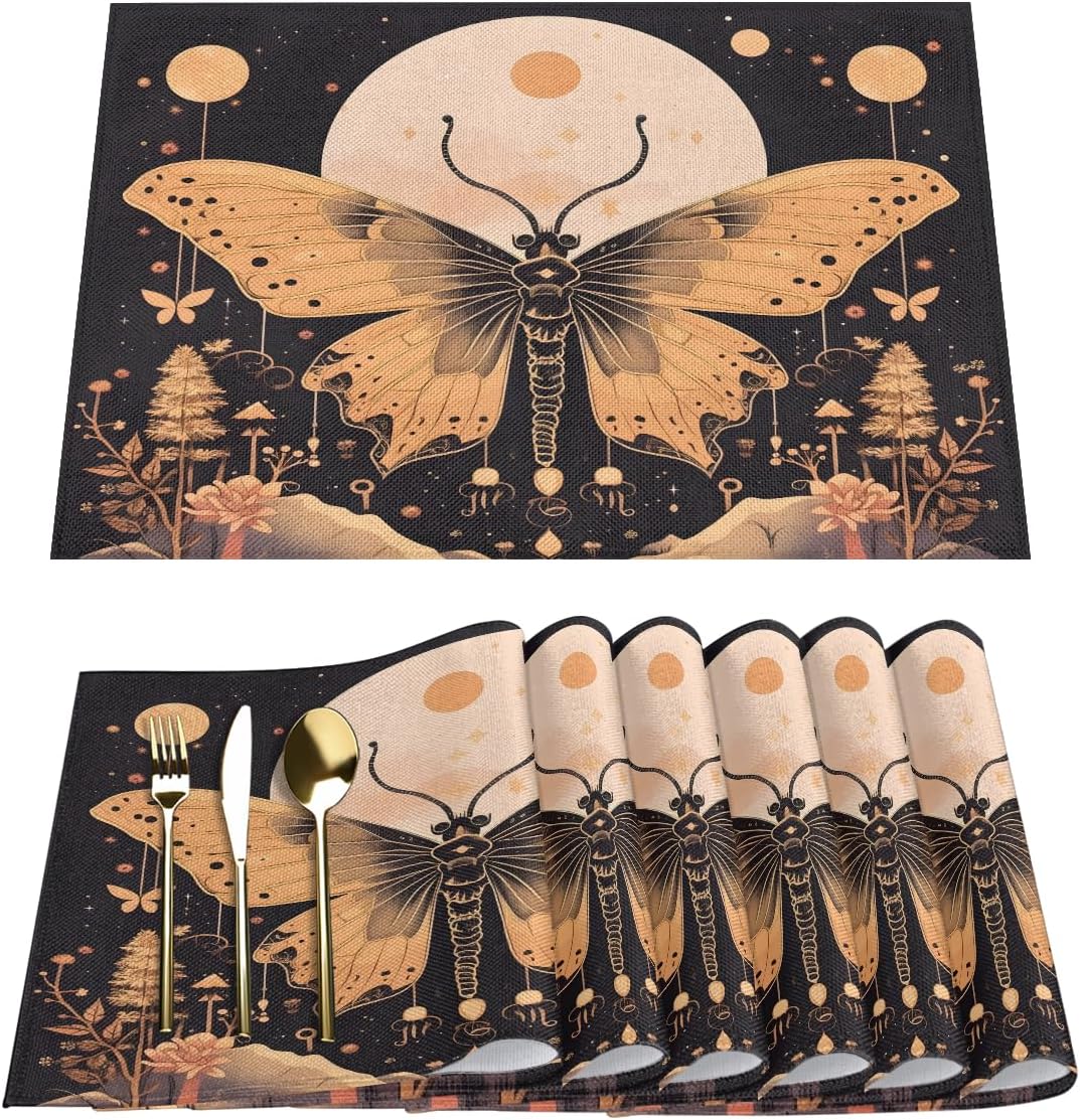 Placemats Set of 6 Butterfly Totem Linen Place Mat Washable Non-Slip Table Mats Holiday Tables Decor for Home Kitchen Dining Party, 12 x 18in