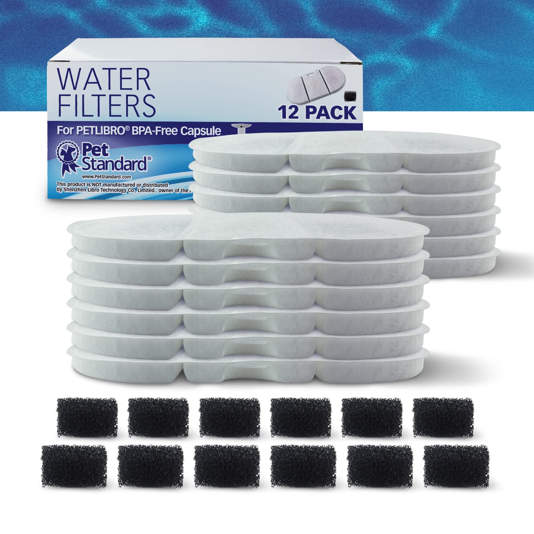 PET STANDARD Filtro de agua de repuesto compatible con PETLIBRO® cápsula sin BPA, fuente de agua para mascotas, 2,1 L, fuente de agua para gatos, paquete de 12