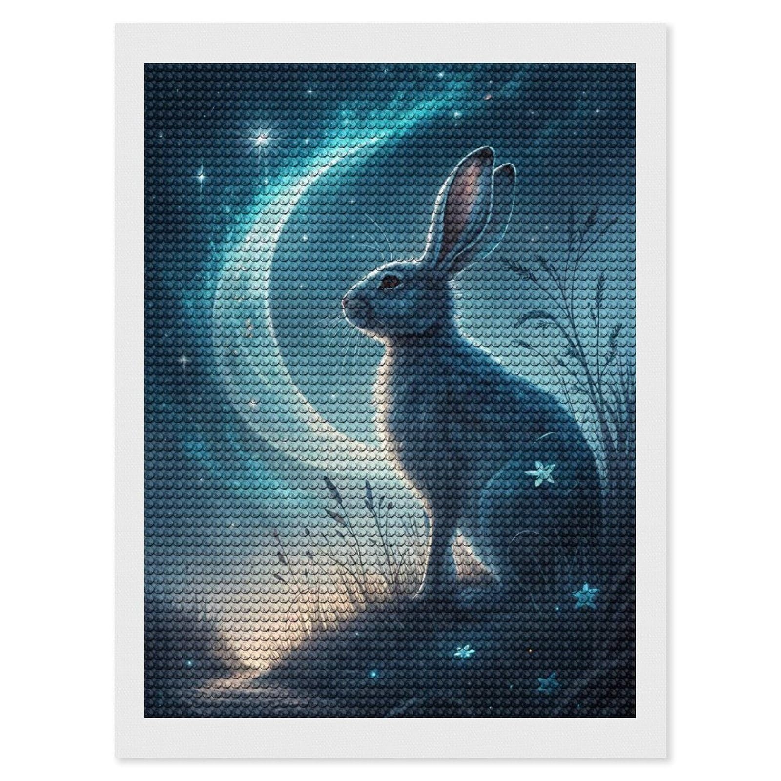 Junmoney Celestial Rabbit Under Crescent Moon Diamond Painting Set 12"x16", Modern Decor, for Beginners, Printed Canvas, Thoughtful Handmade Gift, with Tool Kit