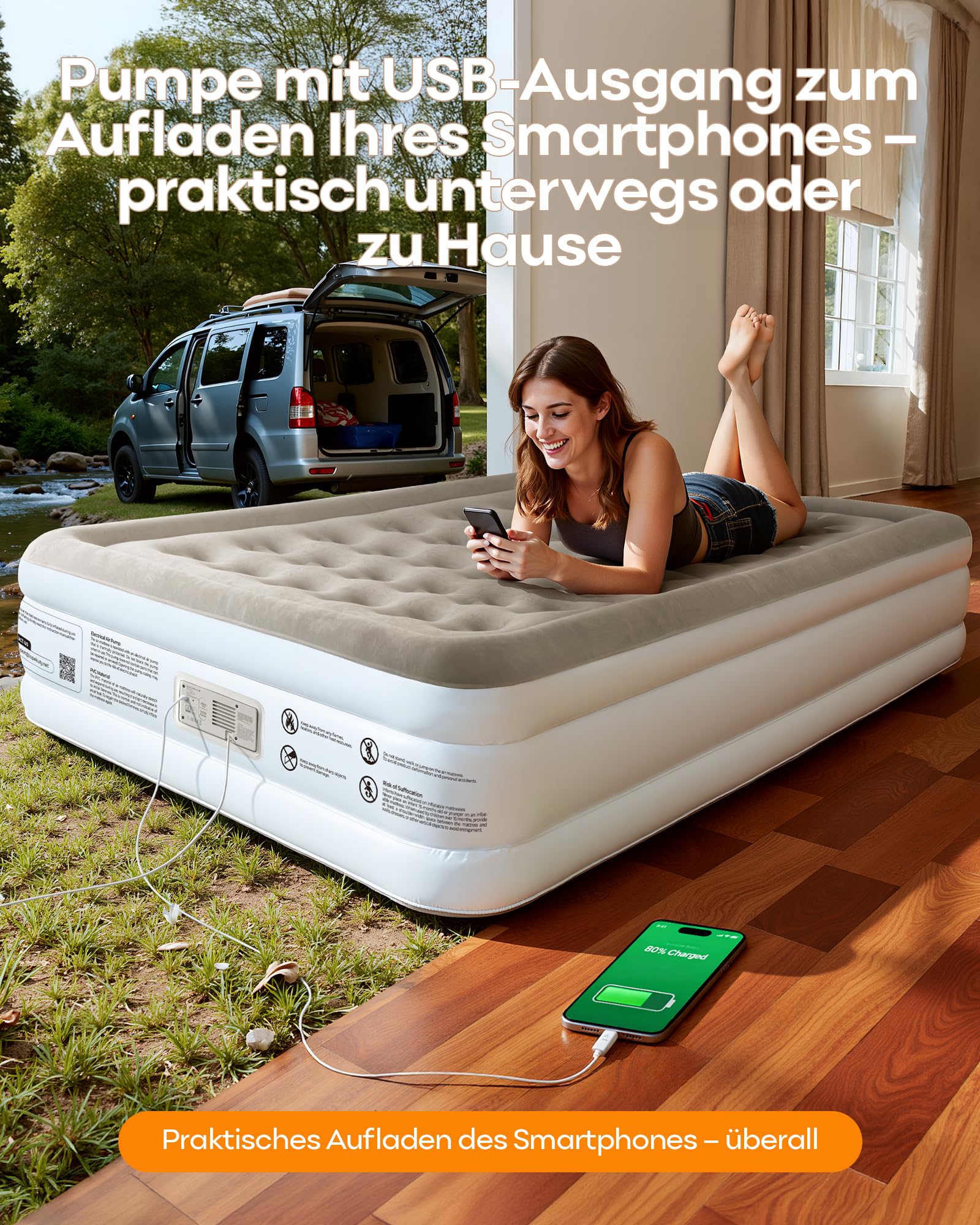 Luftmatratze mit integrierter Pumpe, automatisches Nachfüllen, 2,5 Min Schnellaufblasen, weiche Beflockung, leiser Betrieb, für 2 Personen