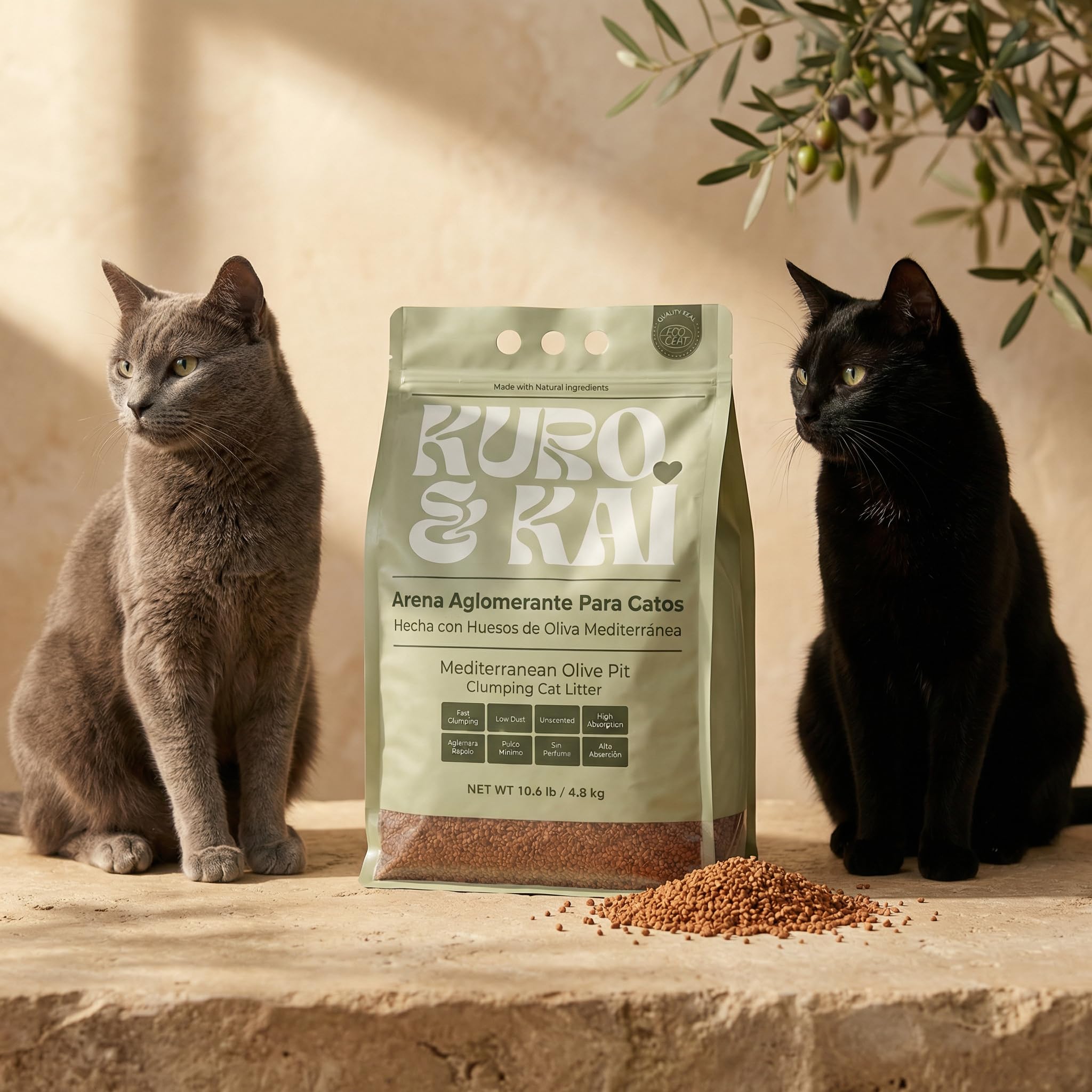 KURO & KAI Litière agglomérante naturelle pour chats - Os d'olive au charbon actif, sans parfum, peu de poussière, lot de 4 unités, 19,2 kg/28 l