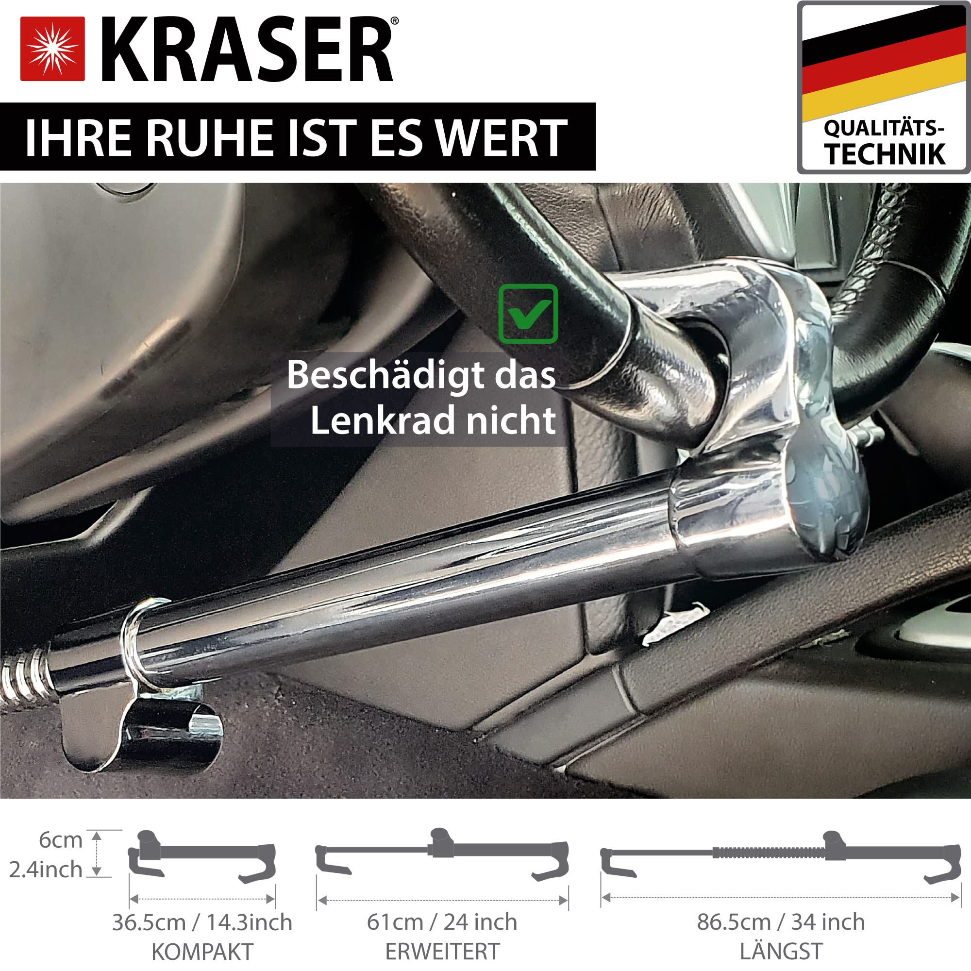 KRASER KR837 Lenkradkralle Pedalsperre Maximale Sicherheit Stufe 10, Robust Lenkradschloss Versenkbarer Haken, Universal Wegfahrsperre Diebstahlsicherung für Auto PKW