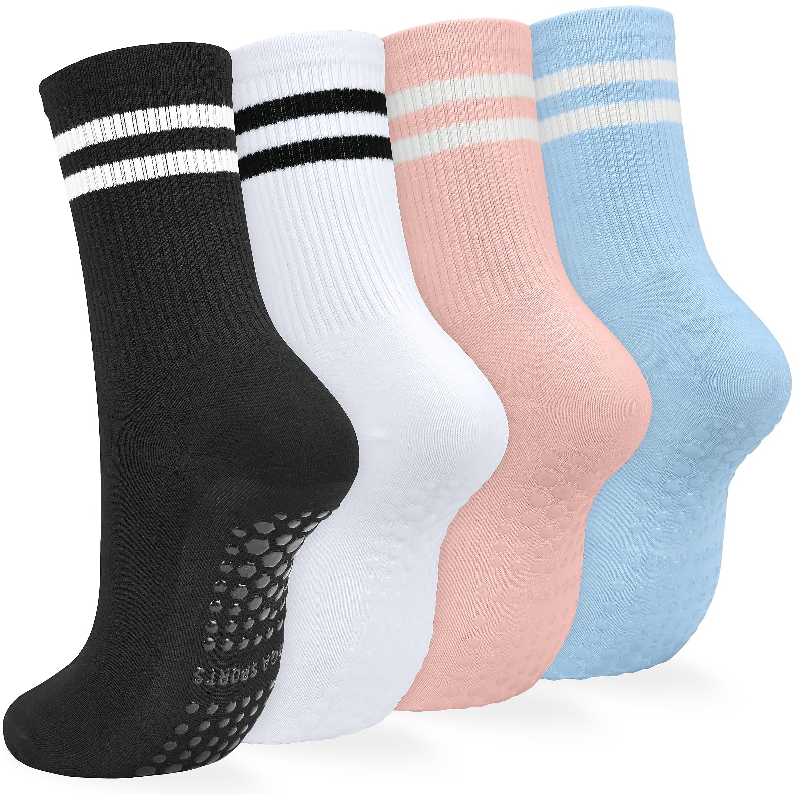 srclo 4 Pairs Women Yoga Non Slip Pilates Grippy Mid-Calf Breathable Cotton Socks for Ballet, Dance, Workout, Fitness, Running