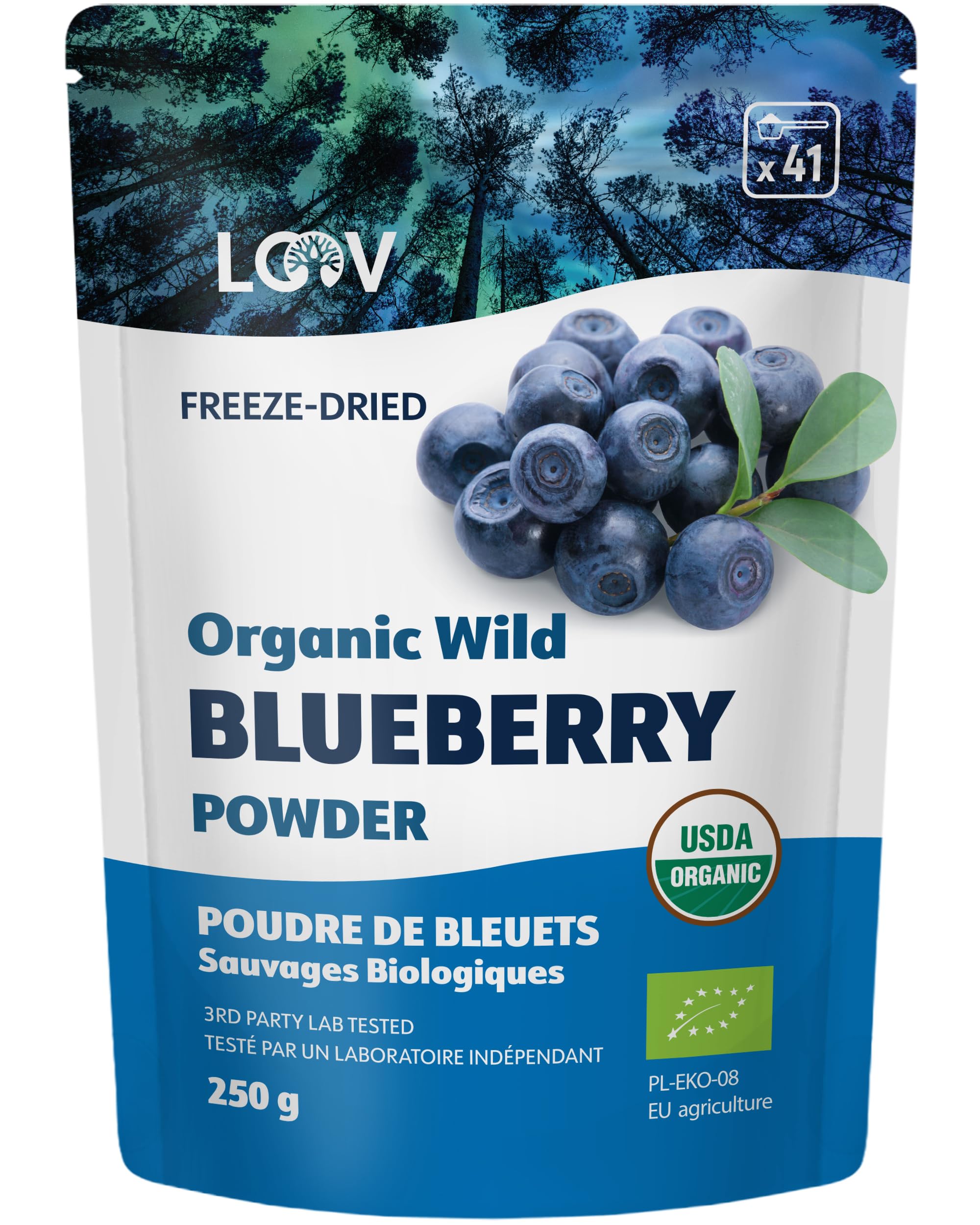 LOOV Organic Wild Blueberry Powder - 41-Day Supply, 8.8 Oz, Good for Smoothie & Breakfast, Freeze-Dried, from Northern Europe, No Added Sugar