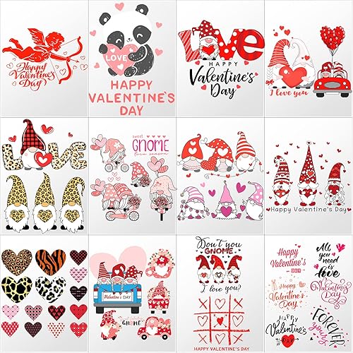 Containlol 12 hojas de parches para planchar para el día de San Valentín, calcomanías de transferencia de calor, gnomo de corazón, amor, calcomanías