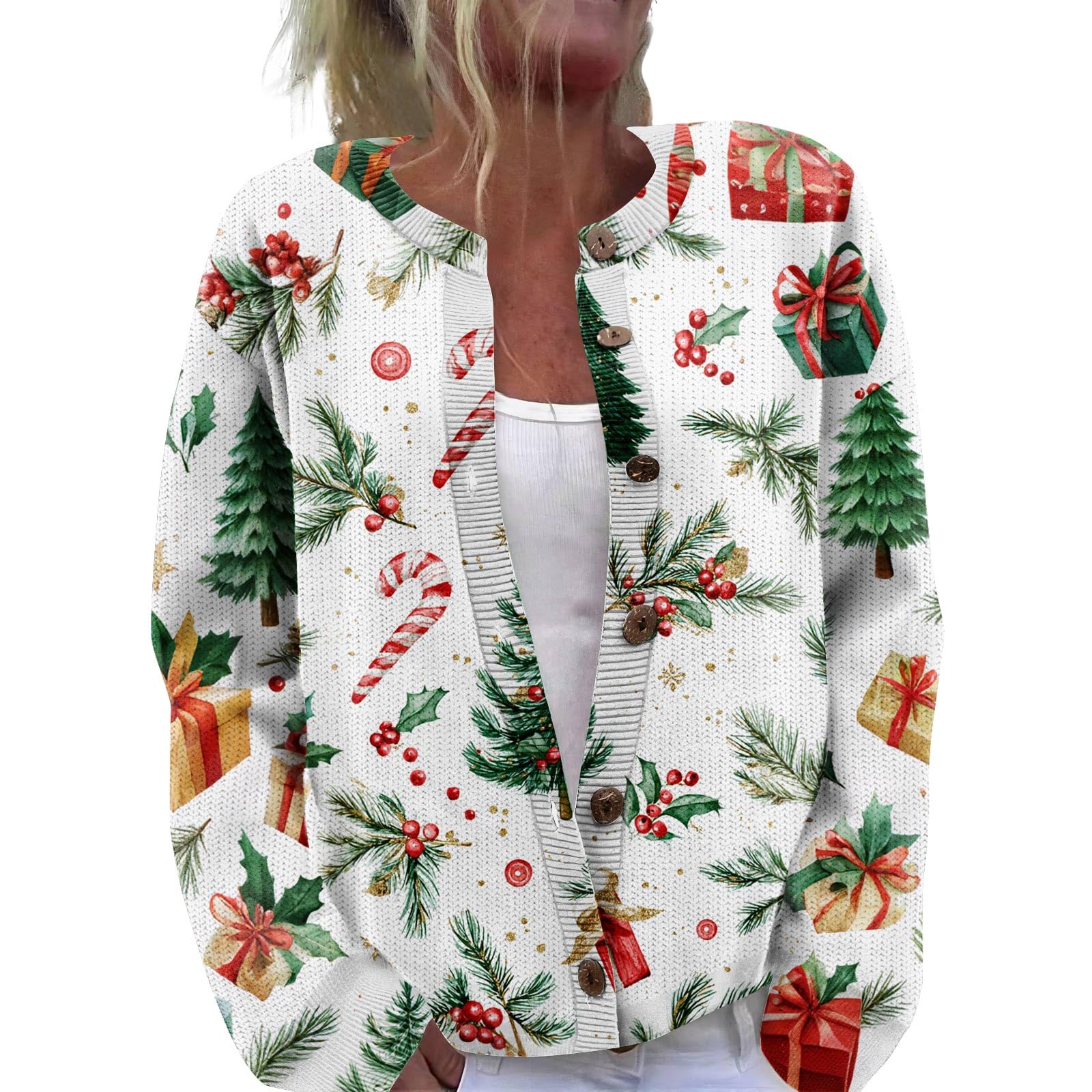 Christmas Sweaters for Women Cute Funny Xmas Open Front Button Down Cardigan Fall Winter Long Sleeves Knitted Sweater