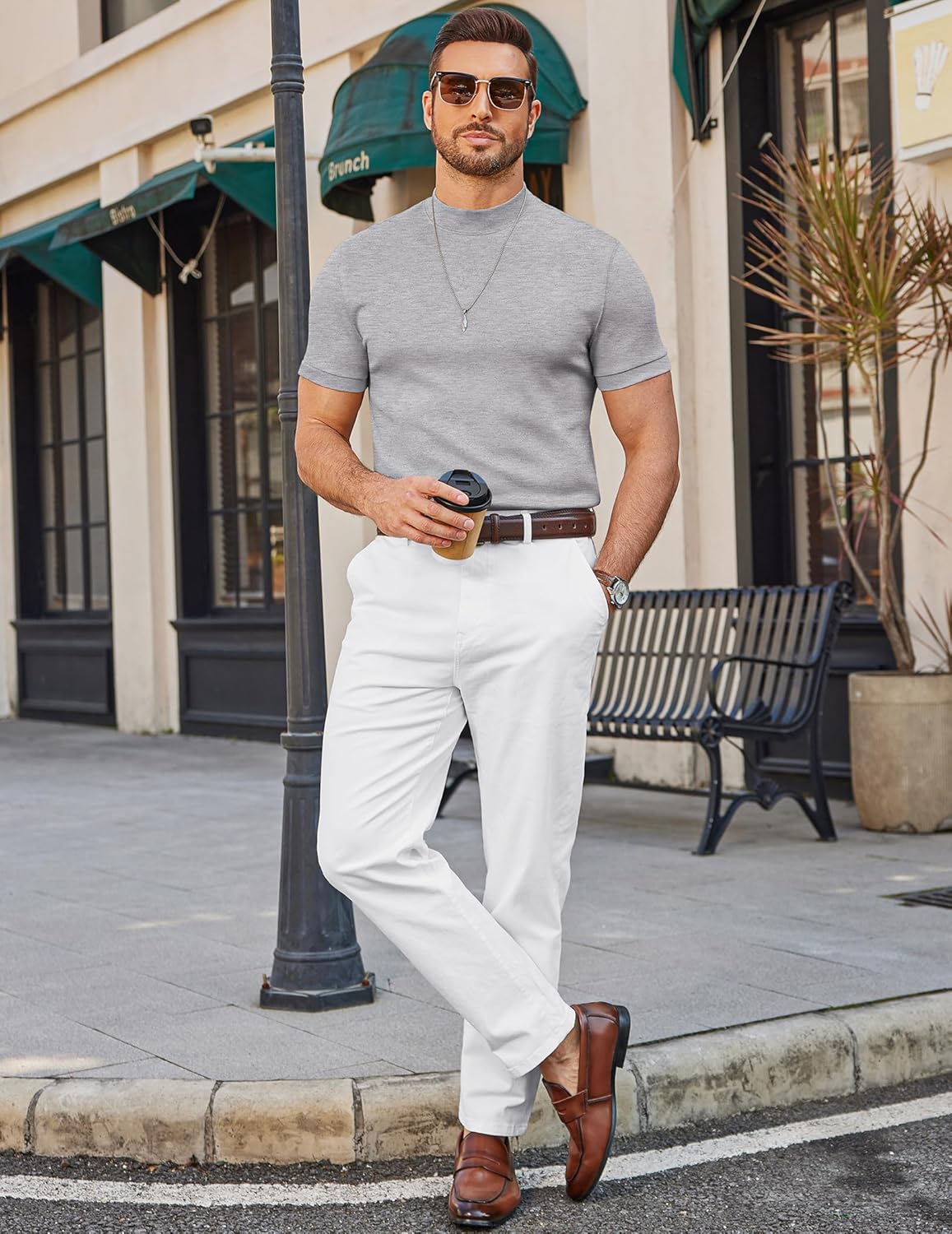 COOFANDY Men's Short Sleeve Mock Neck Sweater Casual Stylish Slim Fit Basic Top Silk-Like Fabric - Image 2