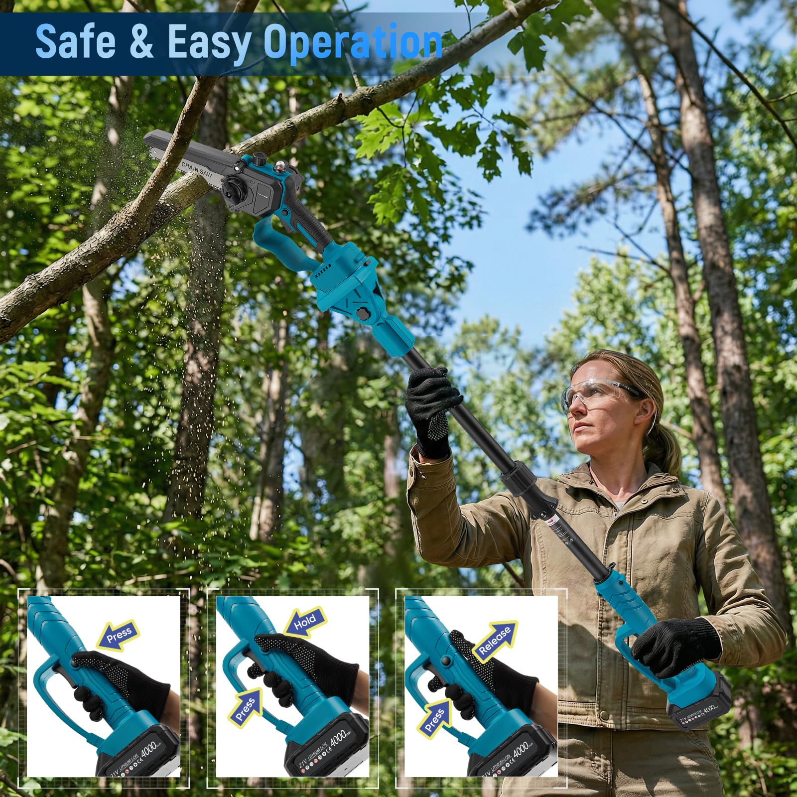 Podadora de pértiga inalámbrica 4 en 1, mini motosierra sin escobillas de 6 y 8 pulgadas con 2 baterías de 4000 mAh, alcance de 4,6 m, herramienta de jardinería para poda y corte de ramas