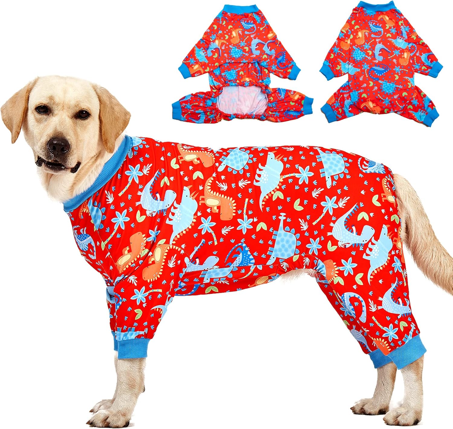 LovinPet Pitbull Dog Pajamas, Large Dog Onesies for Surgery Care, Lightweight Stretchy Knit Fabric, Dinosaur Jungle Red Print, Pet Clothes, UV Protection, Pet Anxiety Relief, PJ's for Dogs, M Medium Blue Red