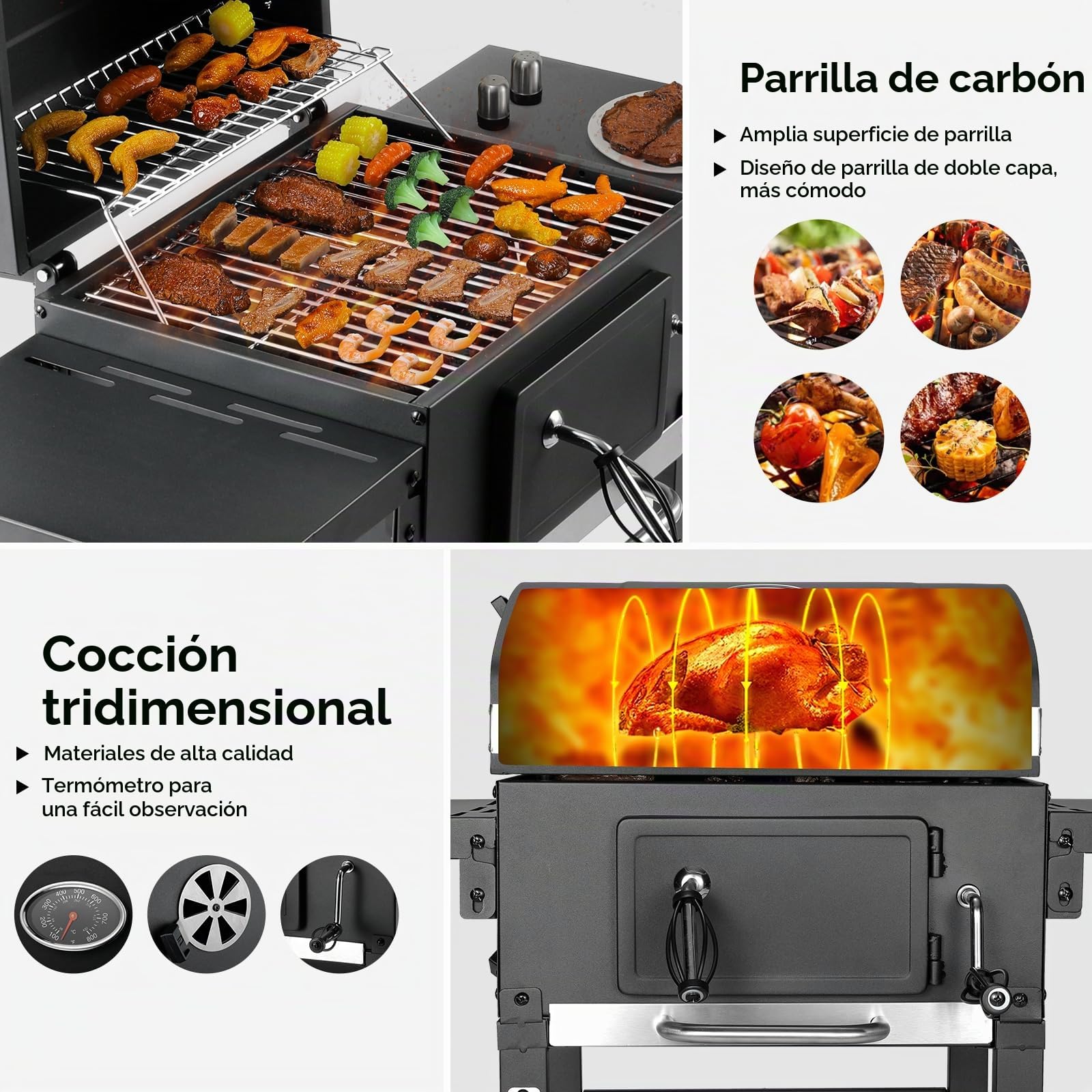 LIFERUN Parrilla Barbacoa Carbon con Tapa, BBQ Smoker, Parrilla con Carrito, con 2PCS Ruedas, Termómetro, Barbacoa de Carbon para Camping y Jardín, 96x98x44,5 cm