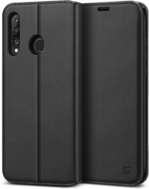 BEZ Huawei P30 Lite Case, Flip Cover Compatible with Huawei P30 Lite, Protective PU Leather Wallet with a Card Holder for Huawei P30 Lite, Kick Stand, Magnetic Closure, Black