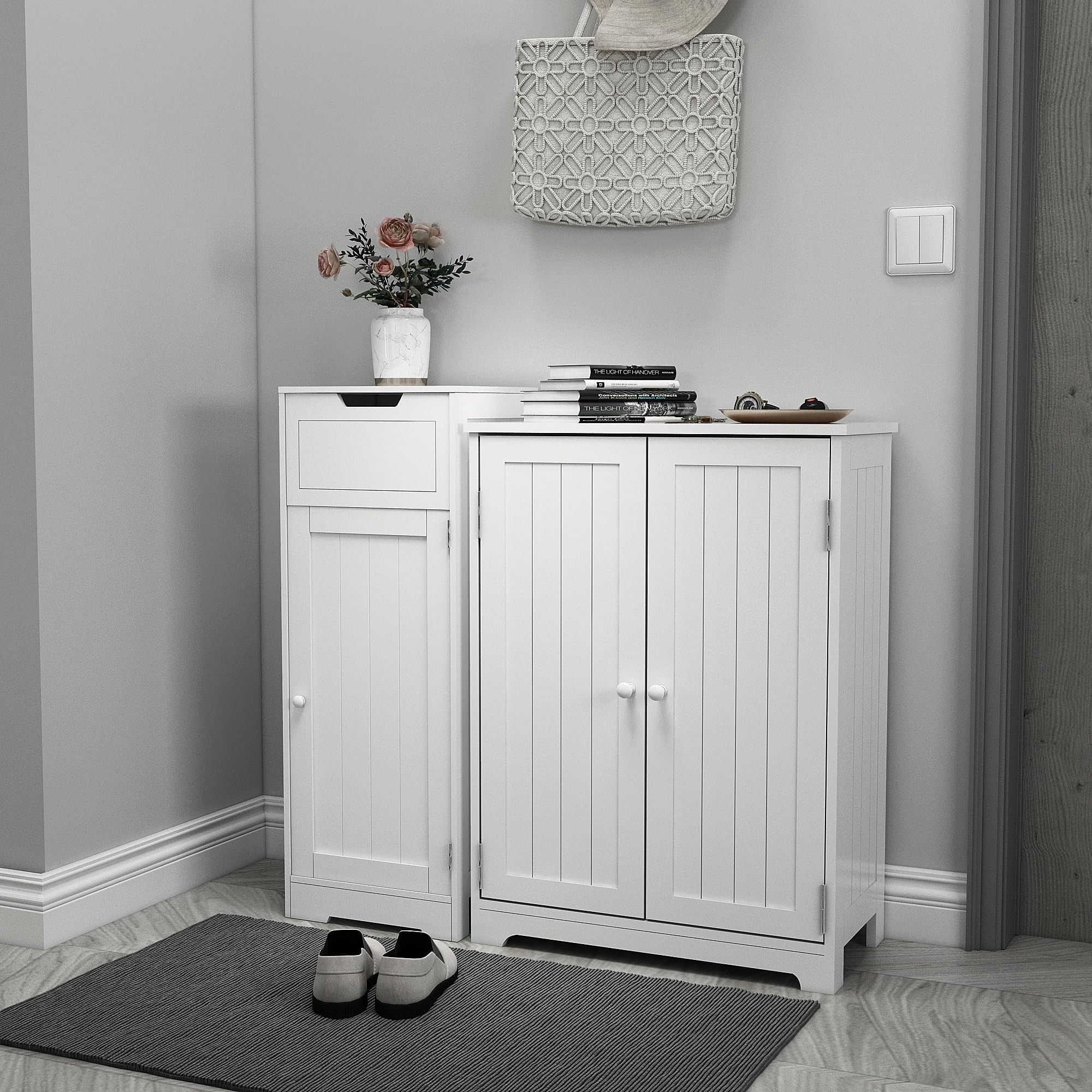 Mondeer Badschrank Schmal, Badezimmerschrank mit 1 Schubladen 1 Tür 2 Regal, 32x30x87cm Weiß MDF Holz Lackiertes, Badmöbel für Badezimmer Küche Wohnzimmer Eingang