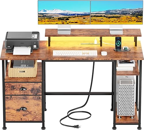 Furologee Escritorio para computadora de 51 pulgadas con toma de corriente y luces LED, escritorio reversible para oficina en casa con archivador y