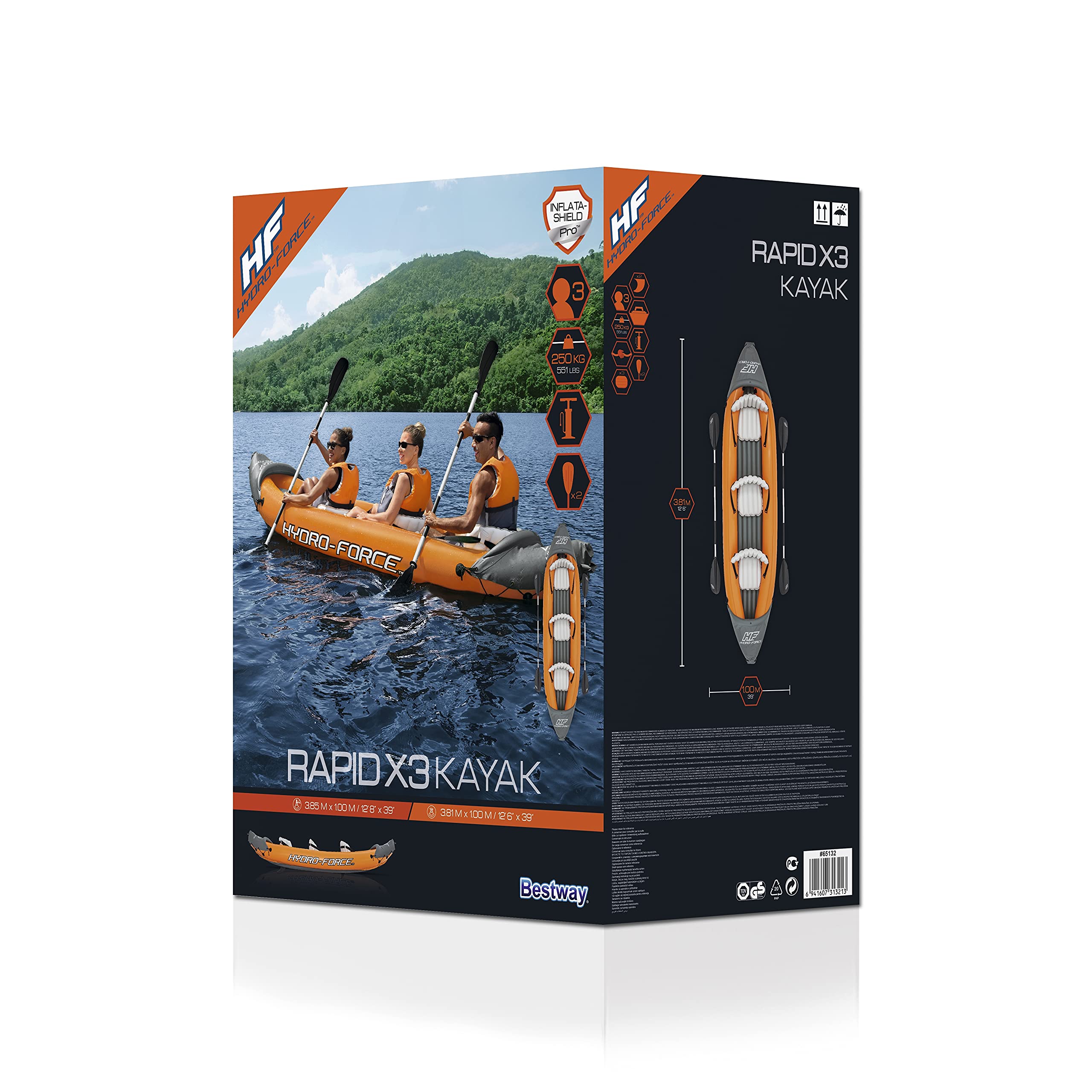 Bestway | Hydro-Force Rapid X3 Kayak| Inflatable Boat Set with Hand Pump, Paddles, Seats, Fins and Storage Bag | Three Seater
