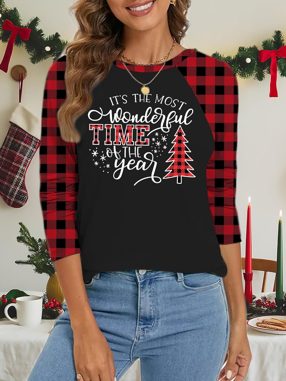 Merry Christmas Shirts for Women Christmas Tree T-Shirt Xmas Light Tee Shirt Buffalo Plaid Long Sleeve Tops - Image 3