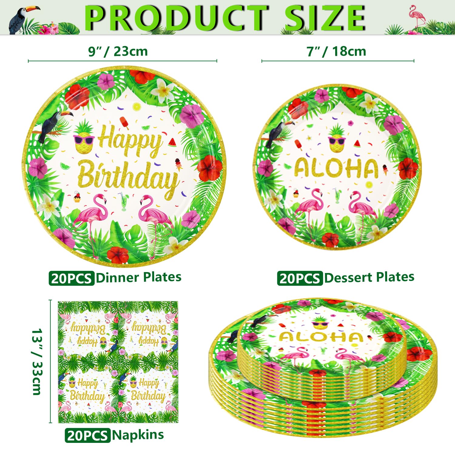 60 piezas de suministros para fiestas tropicales Luau hawaianas, decoraciones de fiesta hawaiana, decoración de cumpleaños, playa, cumpleaños, piscina, suministros de vajilla temática hawaiana, platos