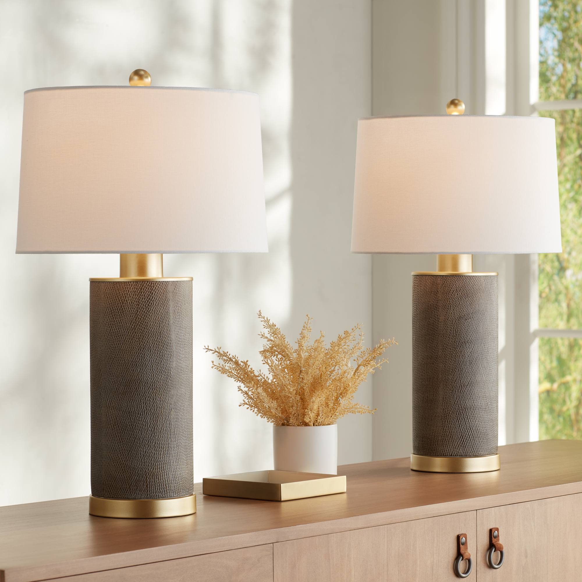 360 Lighting Gilson 24 3/4" High Modern Glam Luxe Table Lamps Set of 2 Gold Textured Gray Finish Ceramic Fabric White Shade Living Room Bedroom Bedside Nightstand House Office Home Reading