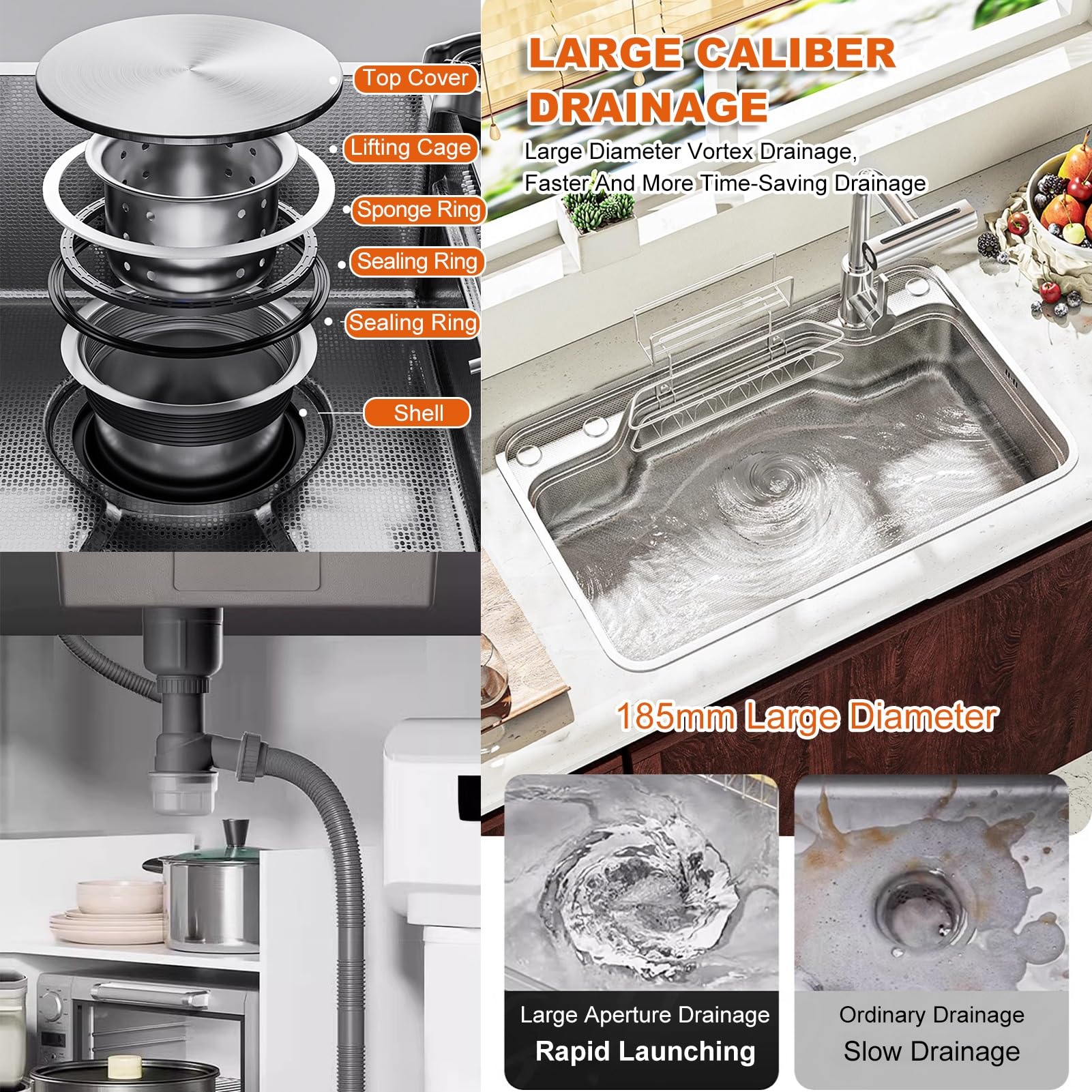 Moderno lavello da cucina a vasca singola con rubinetto a cascata estraibile, design giapponese, rondella tazza, foro di scarico, 78 x 48 x 22 cm, tial per cucine Slish