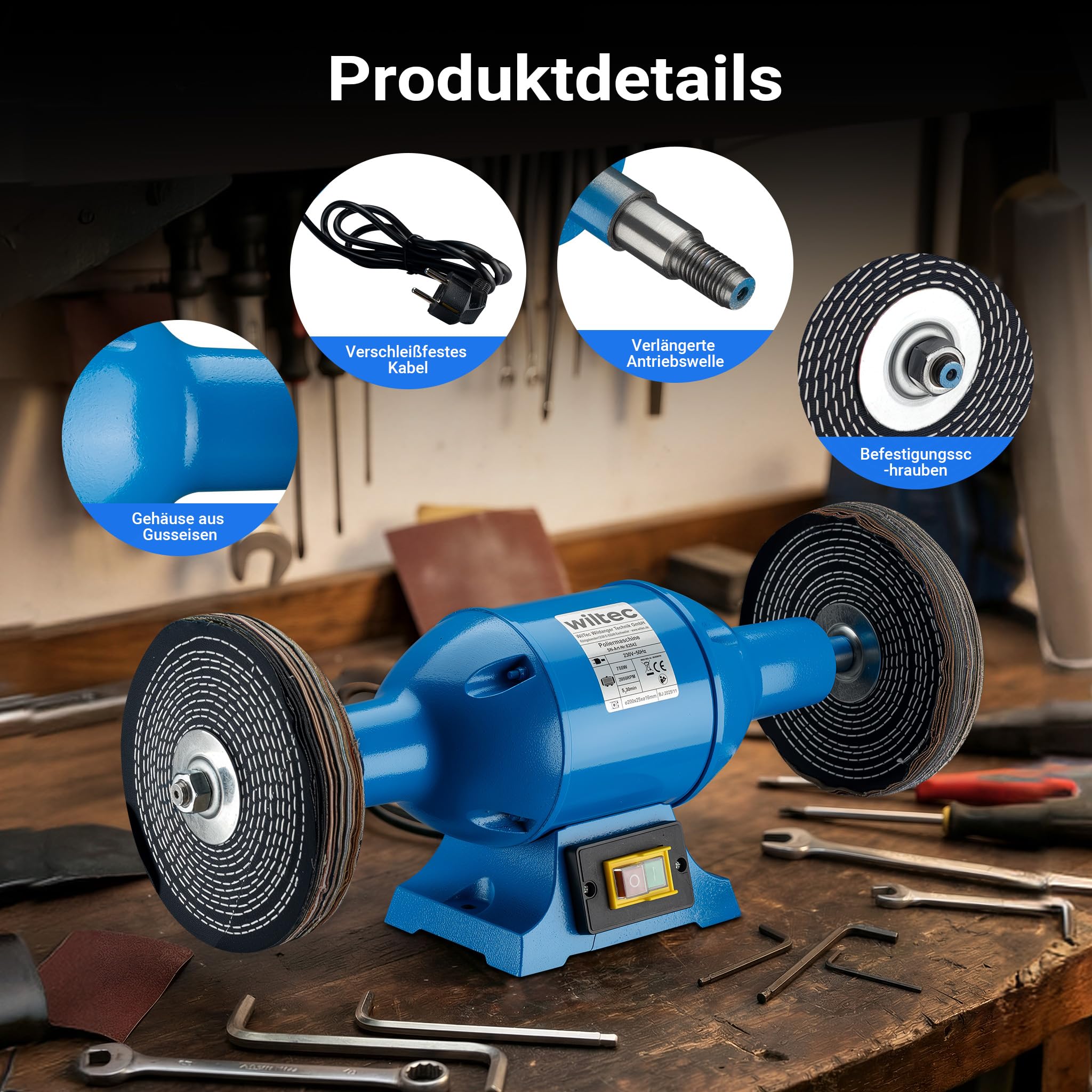 Lucidatrice 750W 2 dischi di lucidatura Ø 200mm Smerigliatrice doppia Struttura e supporto robusti