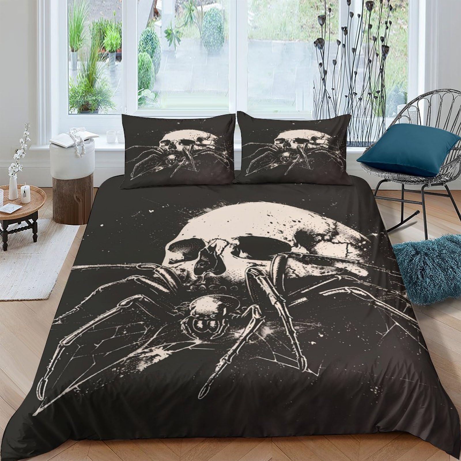 Ctjqhvkz Style-2 3D Printed Skull Spider Fitted Sheet Microfiber Black Gothic Bed Cover For Bedroom Guest Room Mattress Protection Single（135X200cm）