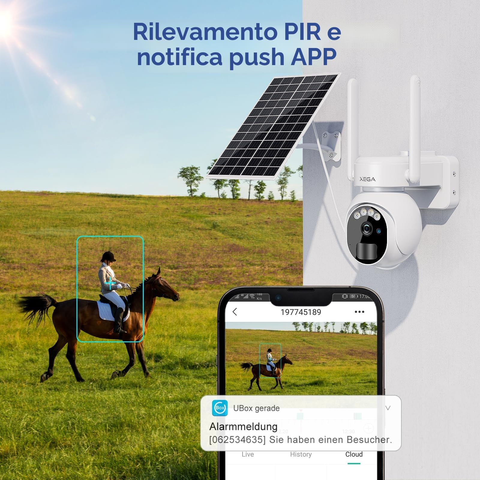 Xega 4G LTE Telecamera Solare Esterno con SIM Scheda 2K HD PTZ Telecamere Senza Fili con Pannello Solare Batterie Visione Notturna Rilevamento del Movimento Audio Bidirezionale Rotazione 355°/90°