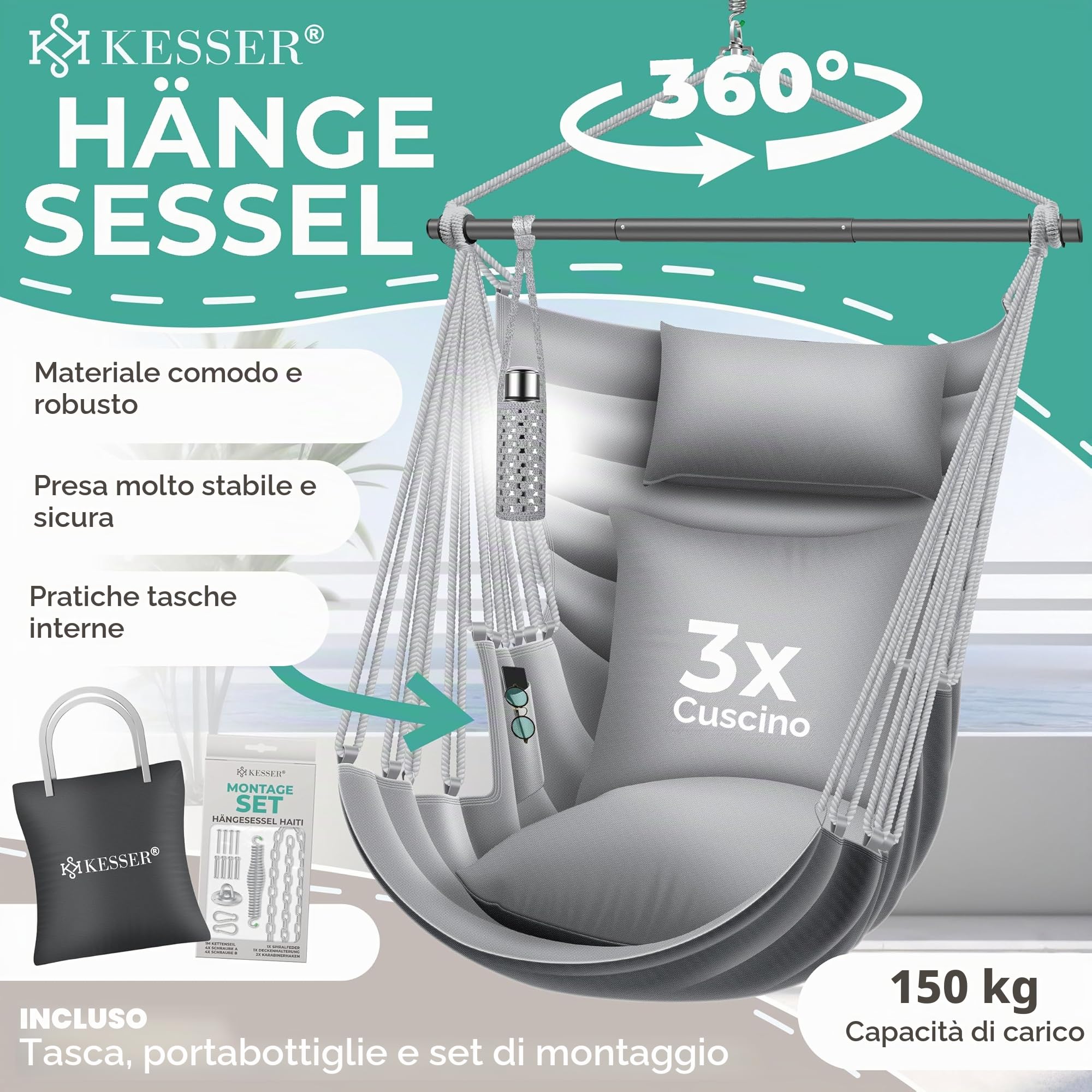 KESSER® Poltrona sospesa Haiti, portata 150 kg, girevole a 360°, altalena sospesa per interni ed esterni, resistente ai raggi UV e all'acqua, facile da pulire, include 2 cuscini, borsa per il