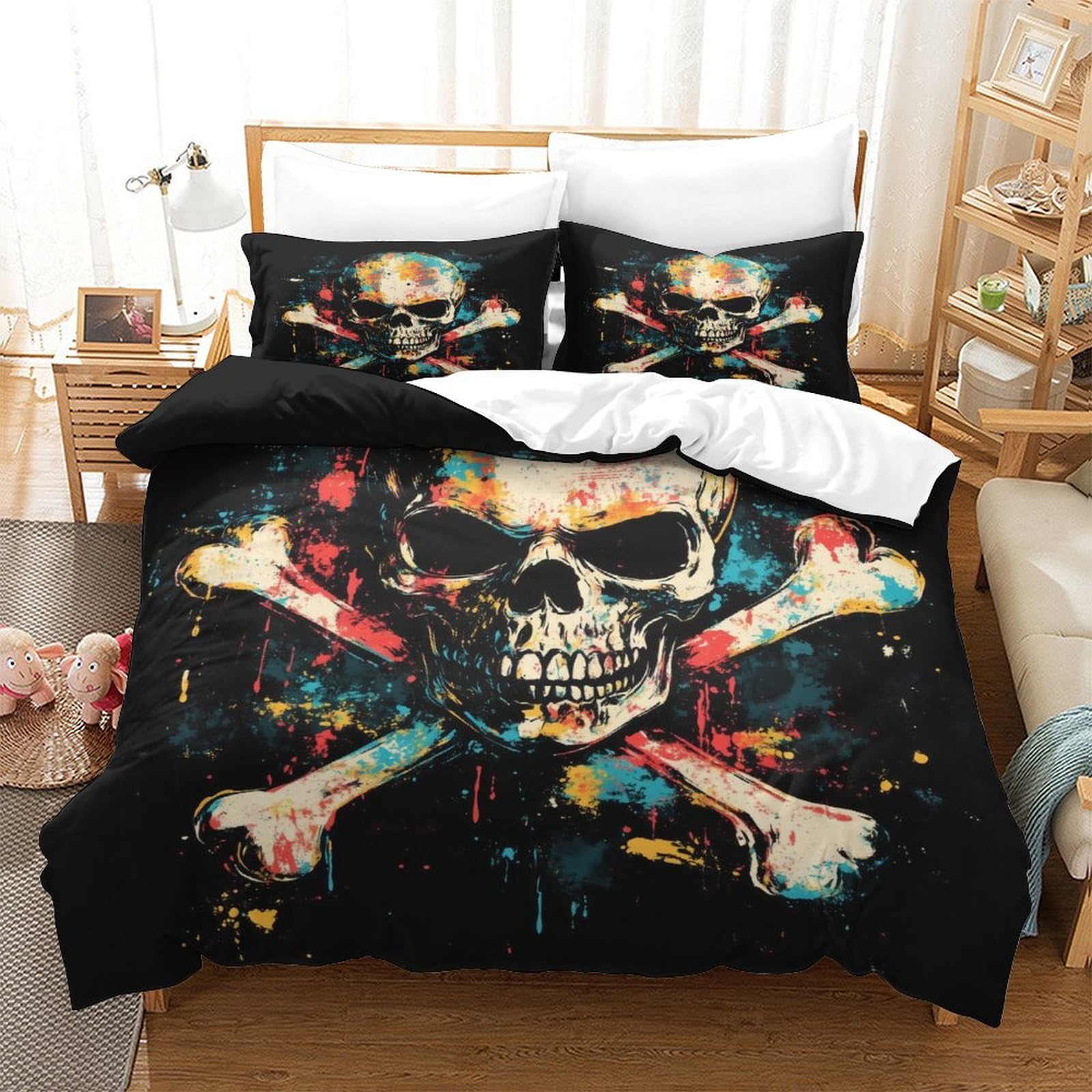 P1S9U7W5Y Graffiti Skull 3D Printed Duvet Cover Set 3pcs Microfiber Skeleton Bedding Set King（220x240cm）