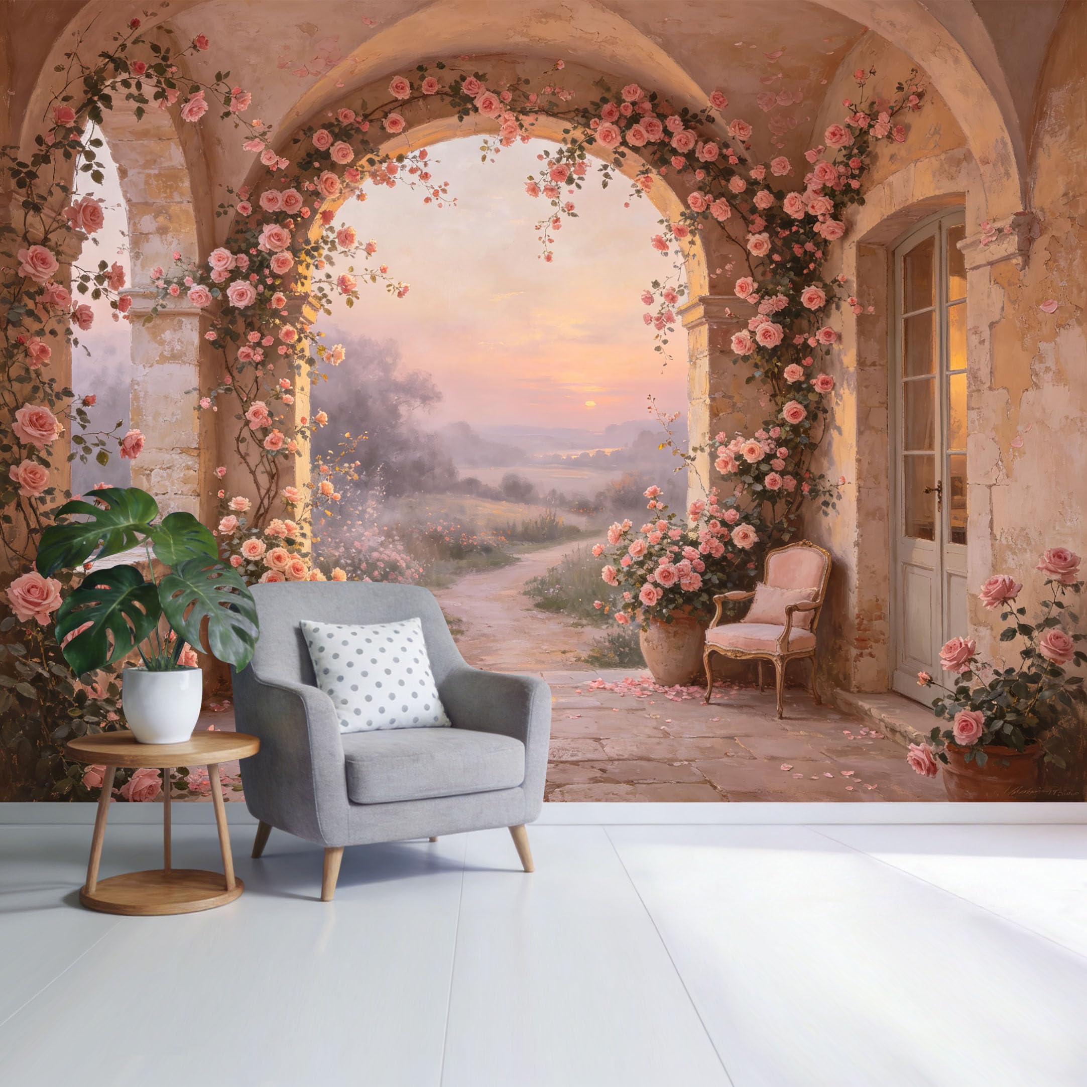 Custom Size Wall Mural Vintage Rose Garden Archway Sunset Landscape Pastel Floral Romance SelfAdhesive Wall Fabric Removable Wallpaper for Home Office Decor