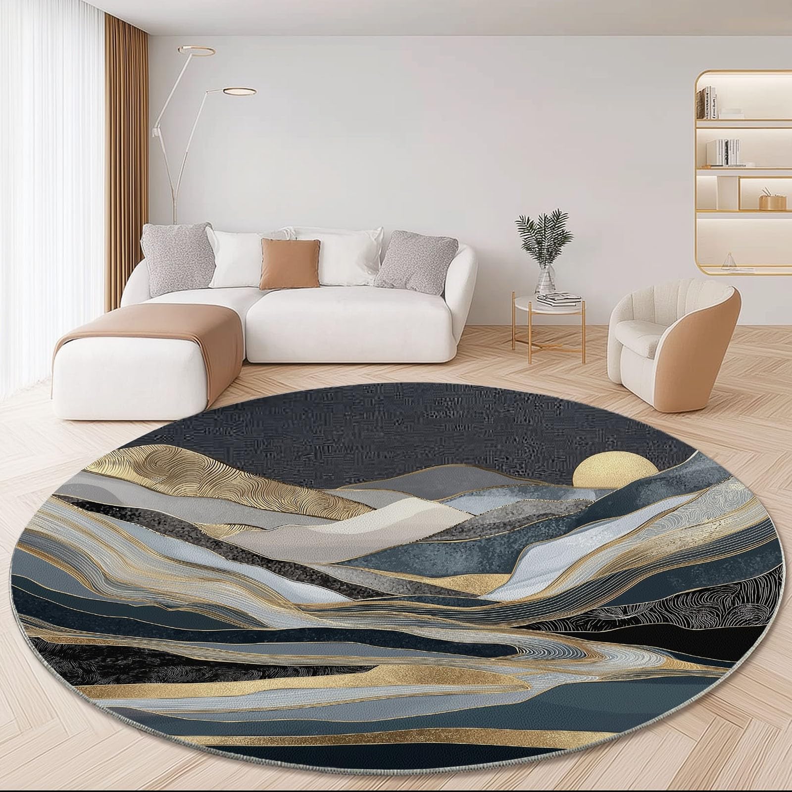 Tappeto Rotondo da 150 cm, con Motivo Astratto a Strisce di Montagna, Lavabile in Lavatrice, Morbido e Antiscivolo, Ideale per Camera da Letto, Soggiorno, Cucina e Arredamento casa